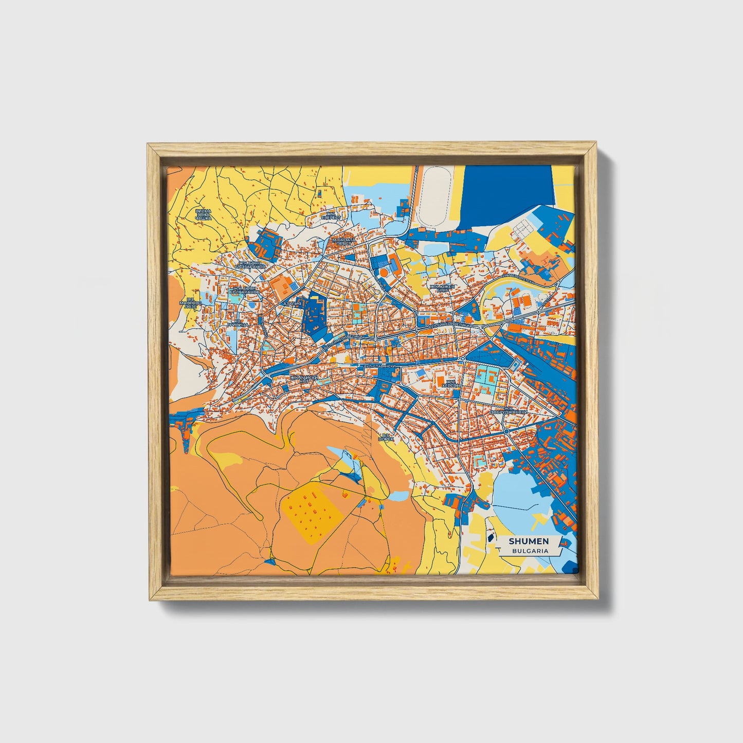 Шумен Bulgaria Colorful City Map Canvas Print • Natural Wooden Framed