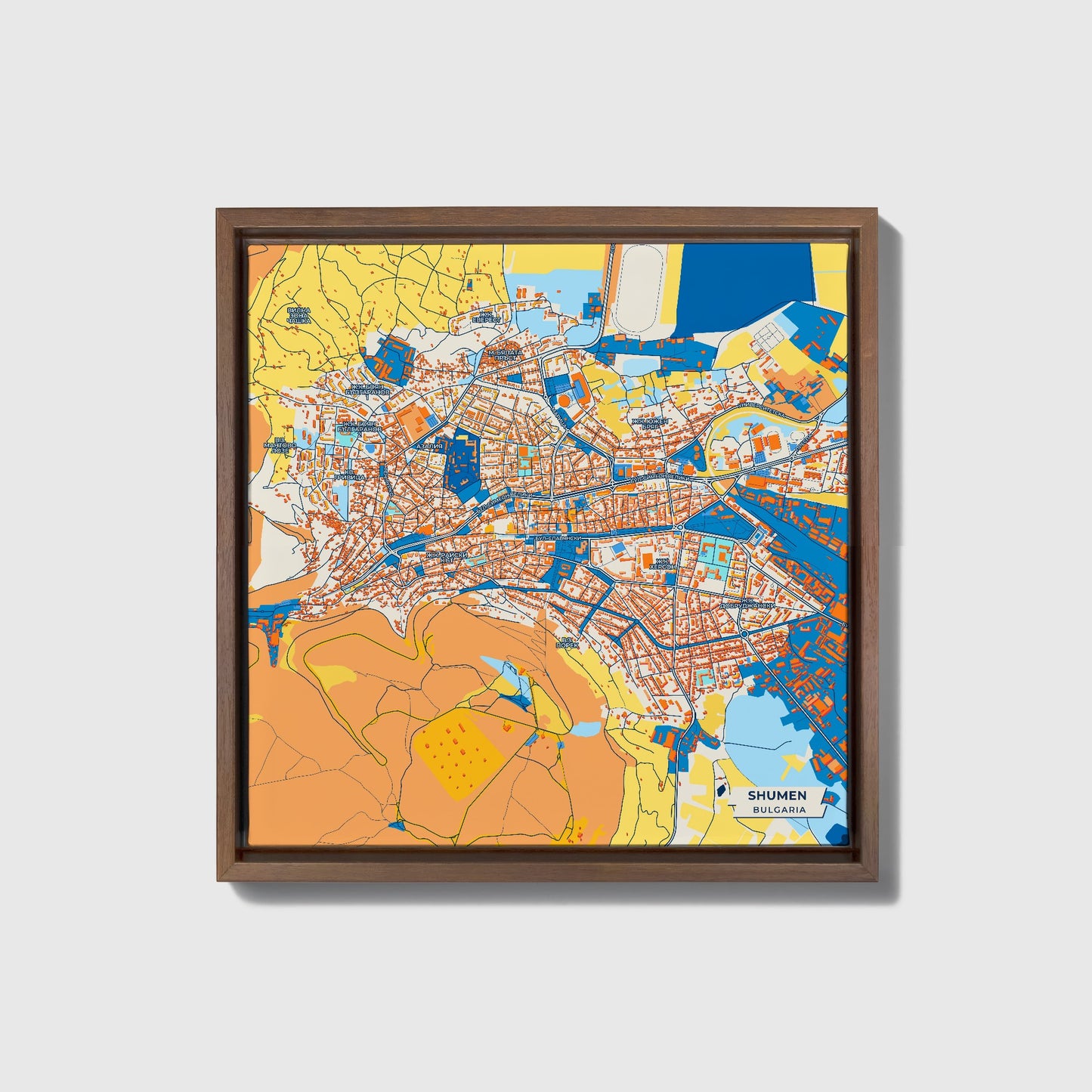 Шумен Bulgaria Colorful City Map Canvas Print • Dark Wooden Framed
