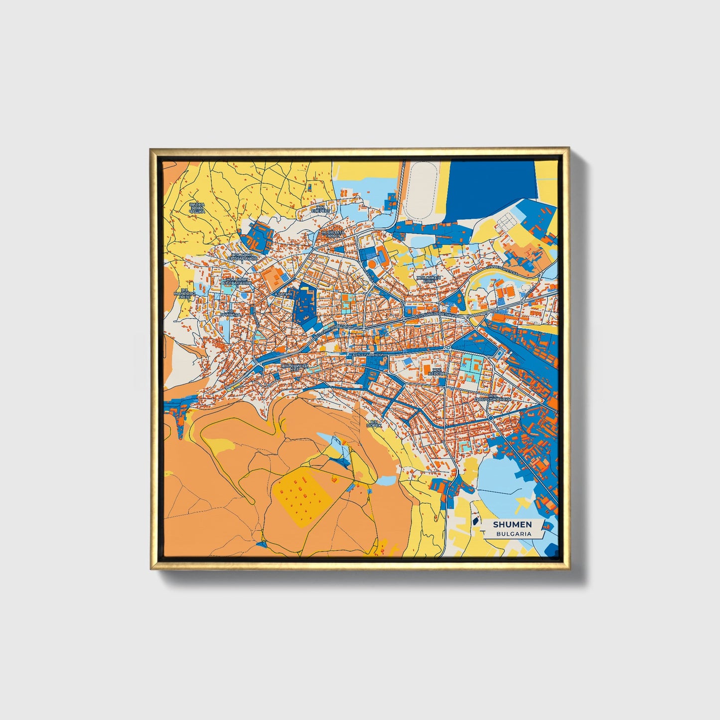 Шумен Bulgaria Colorful City Map Canvas Print • Gold Framed