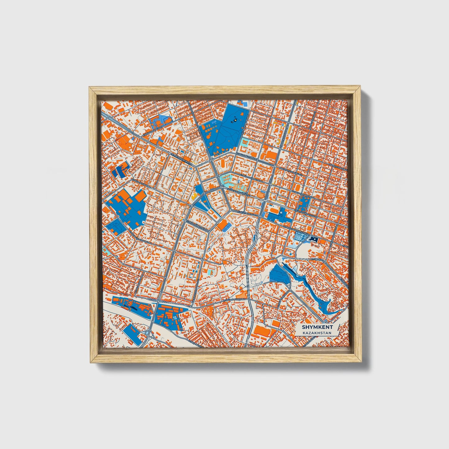 Shymkent Kazakhstan Colorful City Map Canvas Print • Natural Wooden Framed