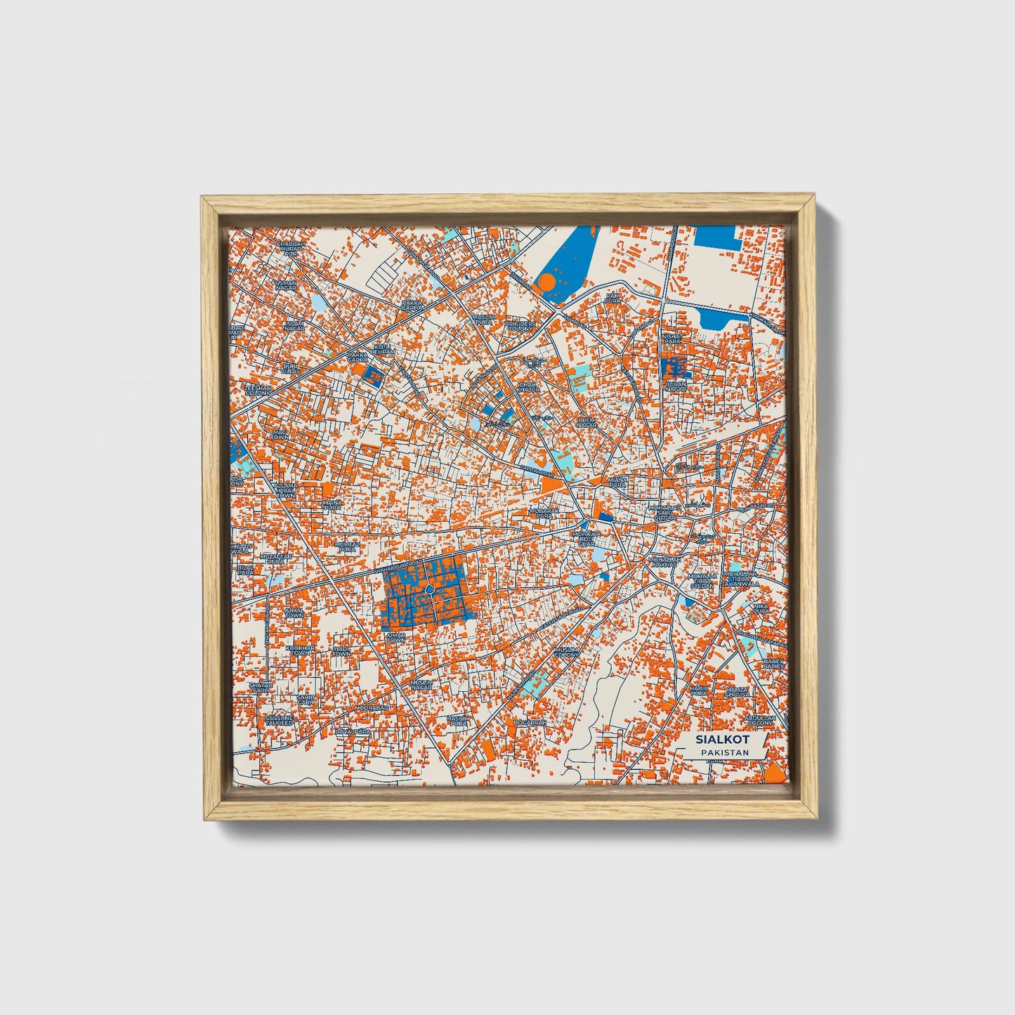 Sialkot Pakistan Colorful City Map Canvas Print • Natural Wooden Framed