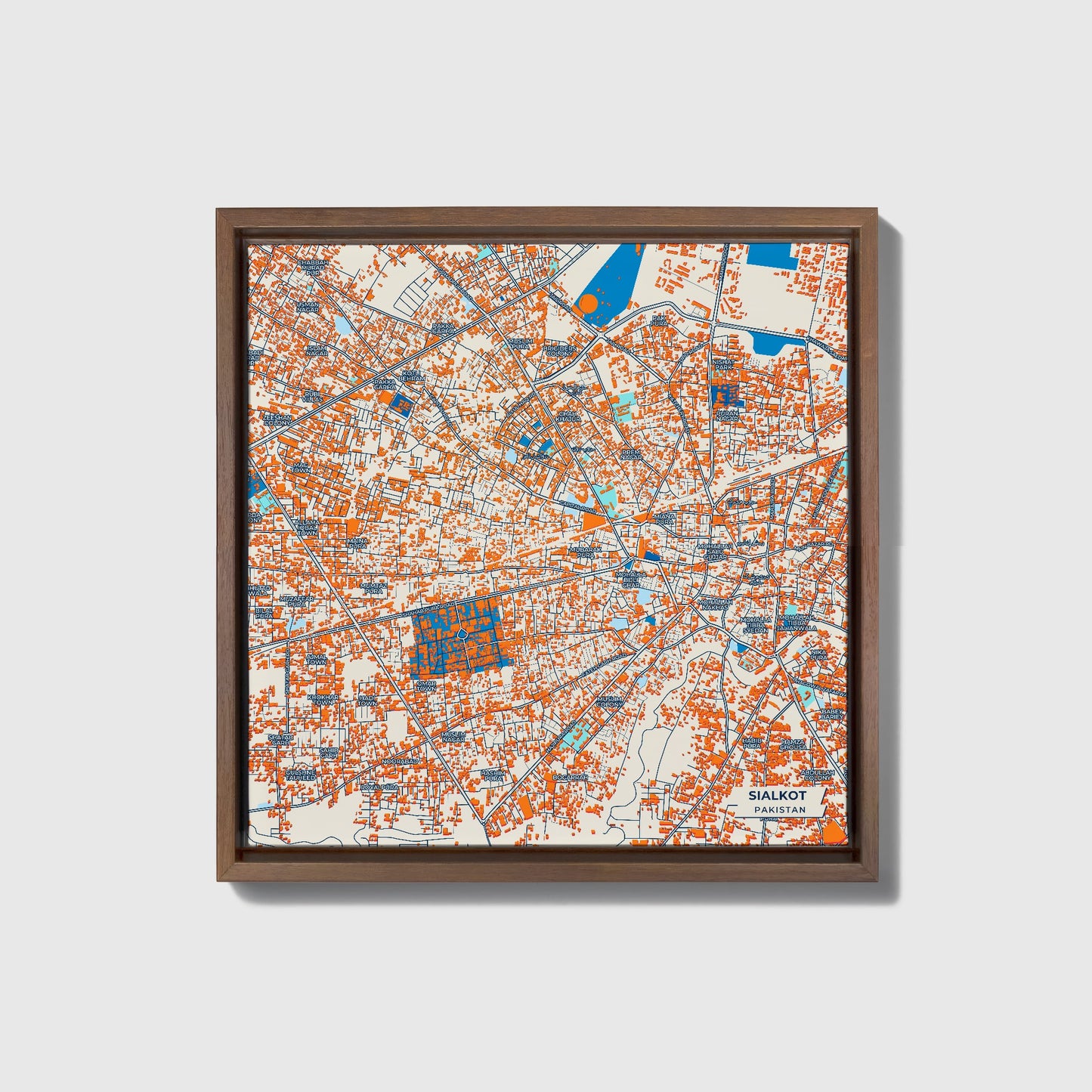 Sialkot Pakistan Colorful City Map Canvas Print • Dark Wooden Framed