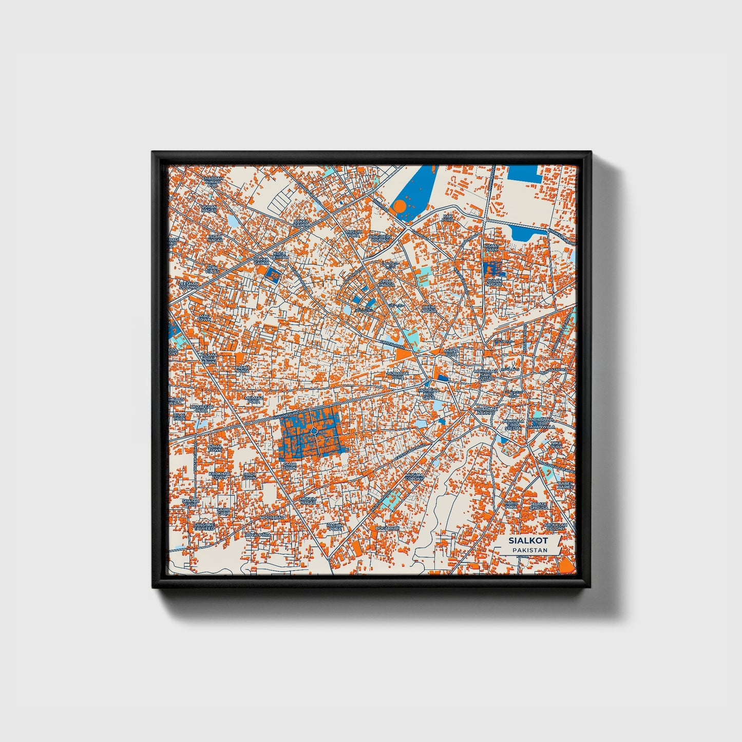 Sialkot Pakistan Colorful City Map Canvas Print • Black Framed