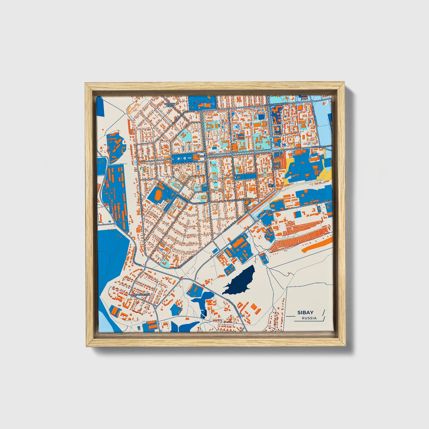 Сибай Russia Colorful City Map Canvas Print • Natural Wooden Framed