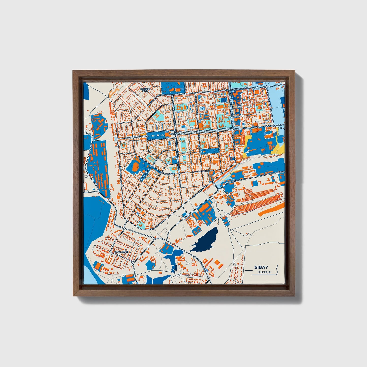Сибай Russia Colorful City Map Canvas Print • Dark Wooden Framed