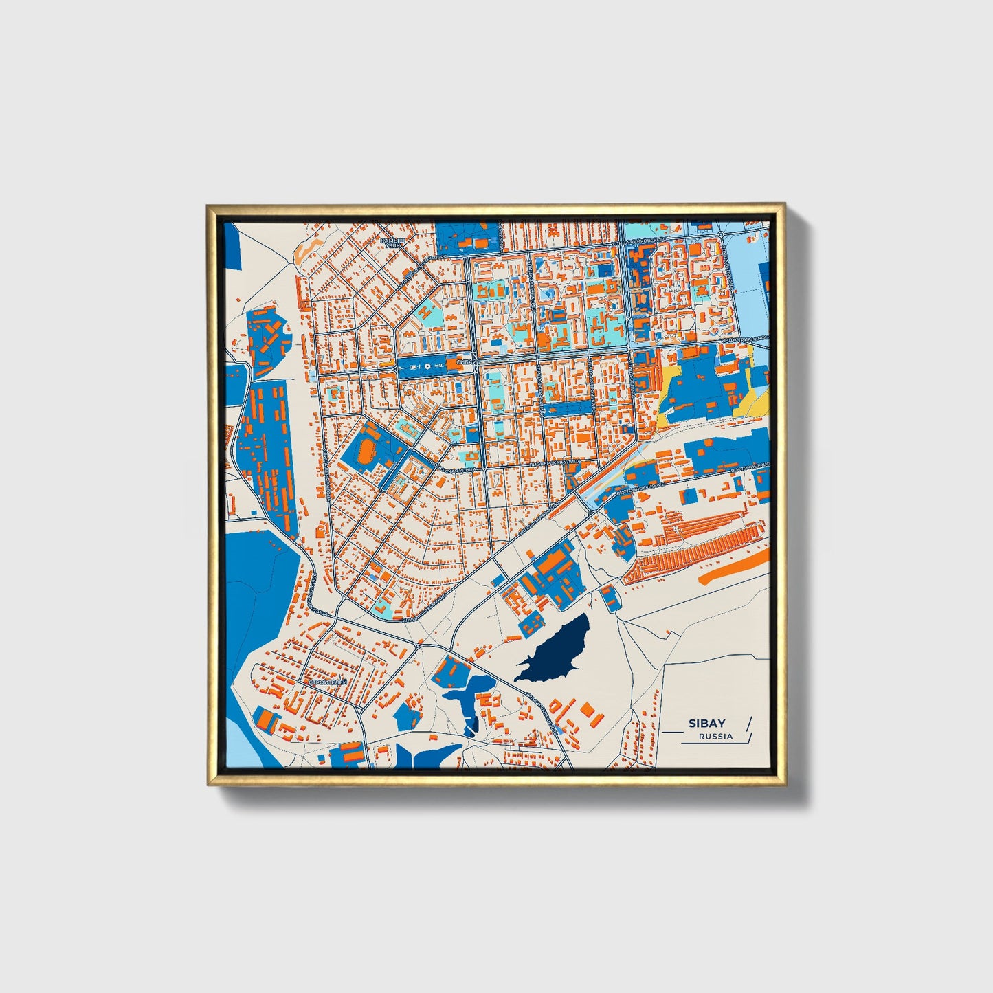 Сибай Russia Colorful City Map Canvas Print • Gold Framed