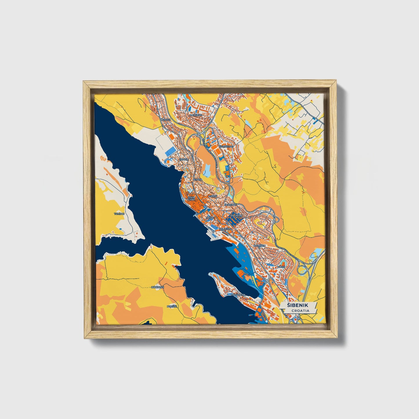 Šibenik Croatia Colorful City Map Canvas Print • Natural Wooden Framed
