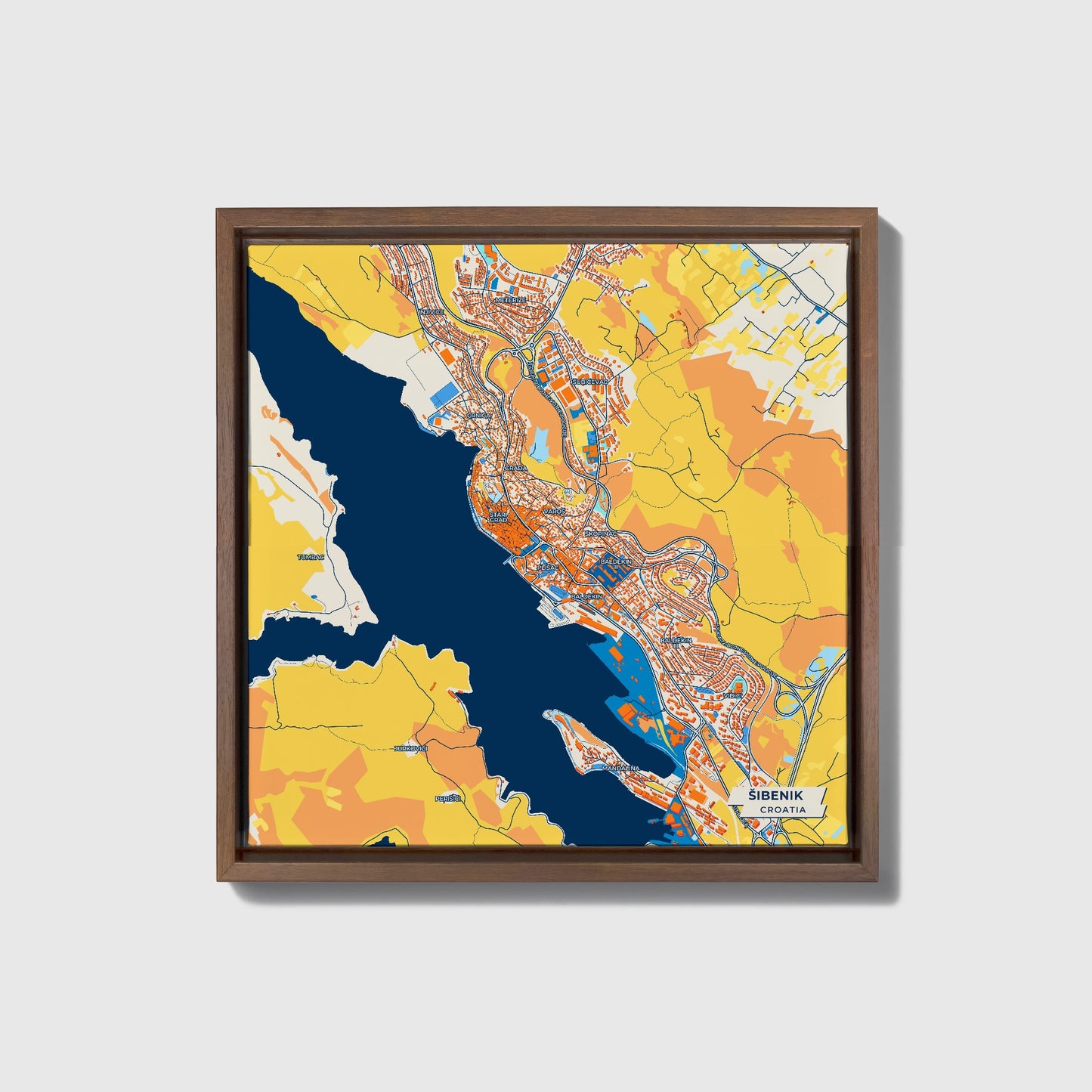 Šibenik Croatia Colorful City Map Canvas Print • Dark Wooden Framed