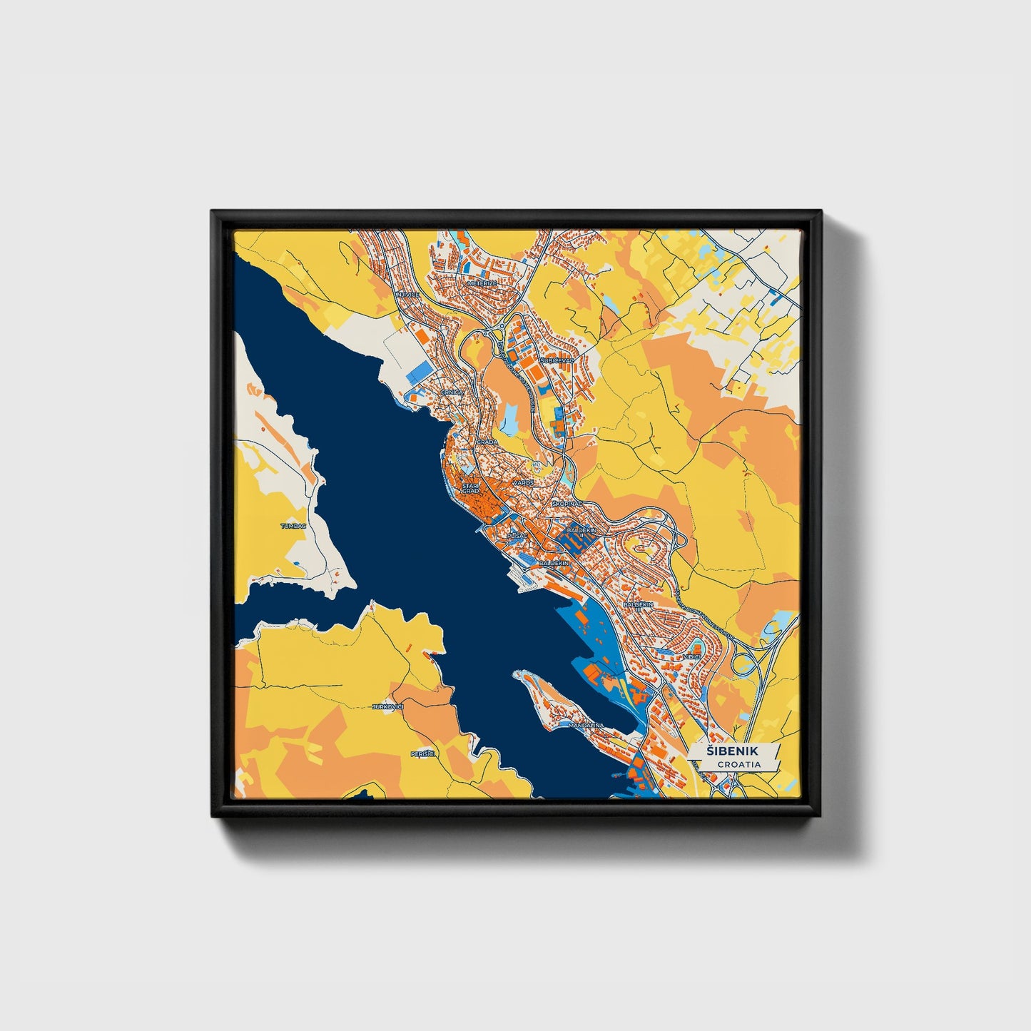 Šibenik Croatia Colorful City Map Canvas Print • Black Framed