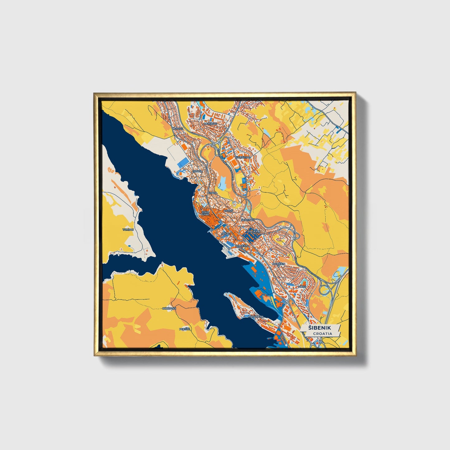 Šibenik Croatia Colorful City Map Canvas Print • Gold Framed