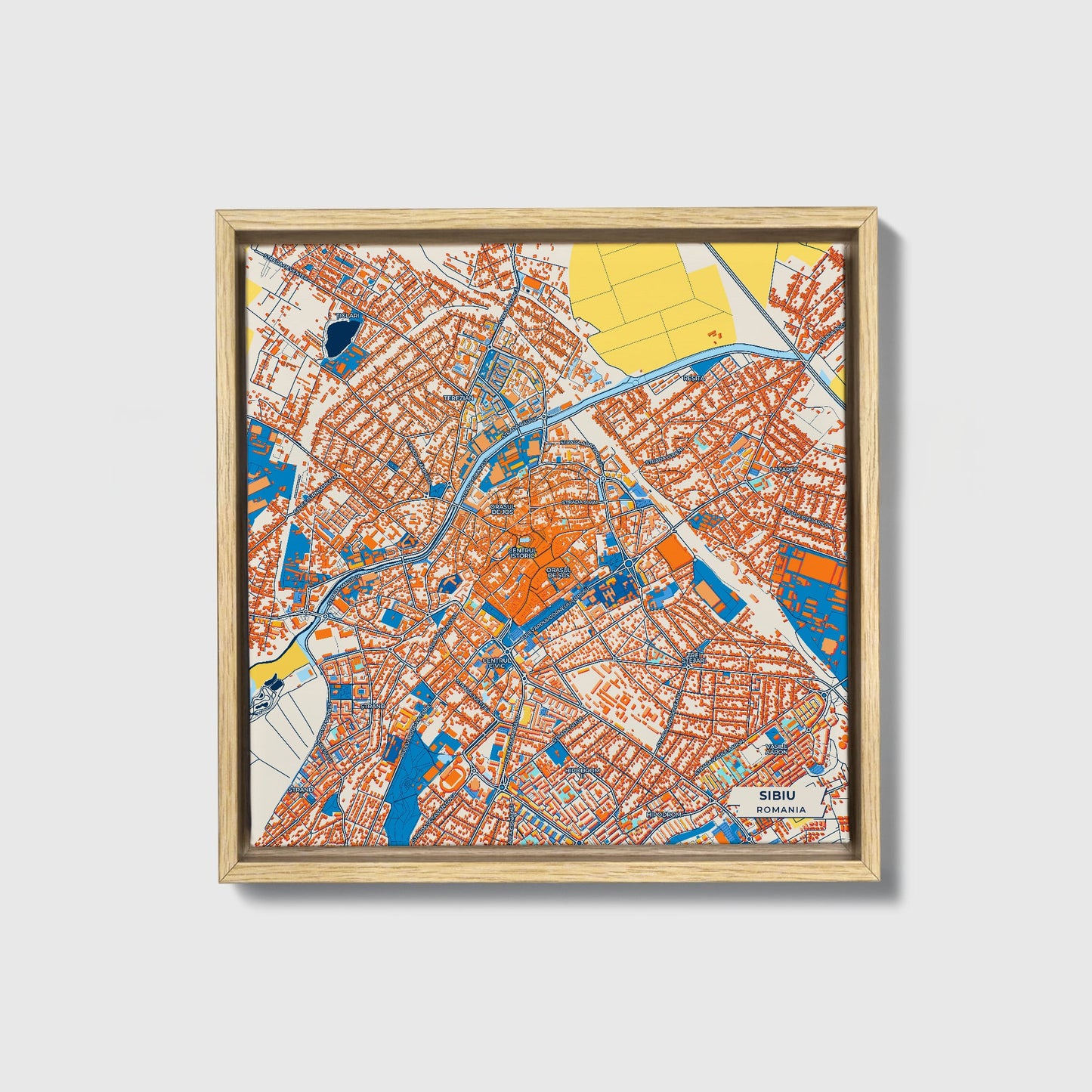 Sibiu Romania Colorful City Map Canvas Print • Natural Wooden Framed