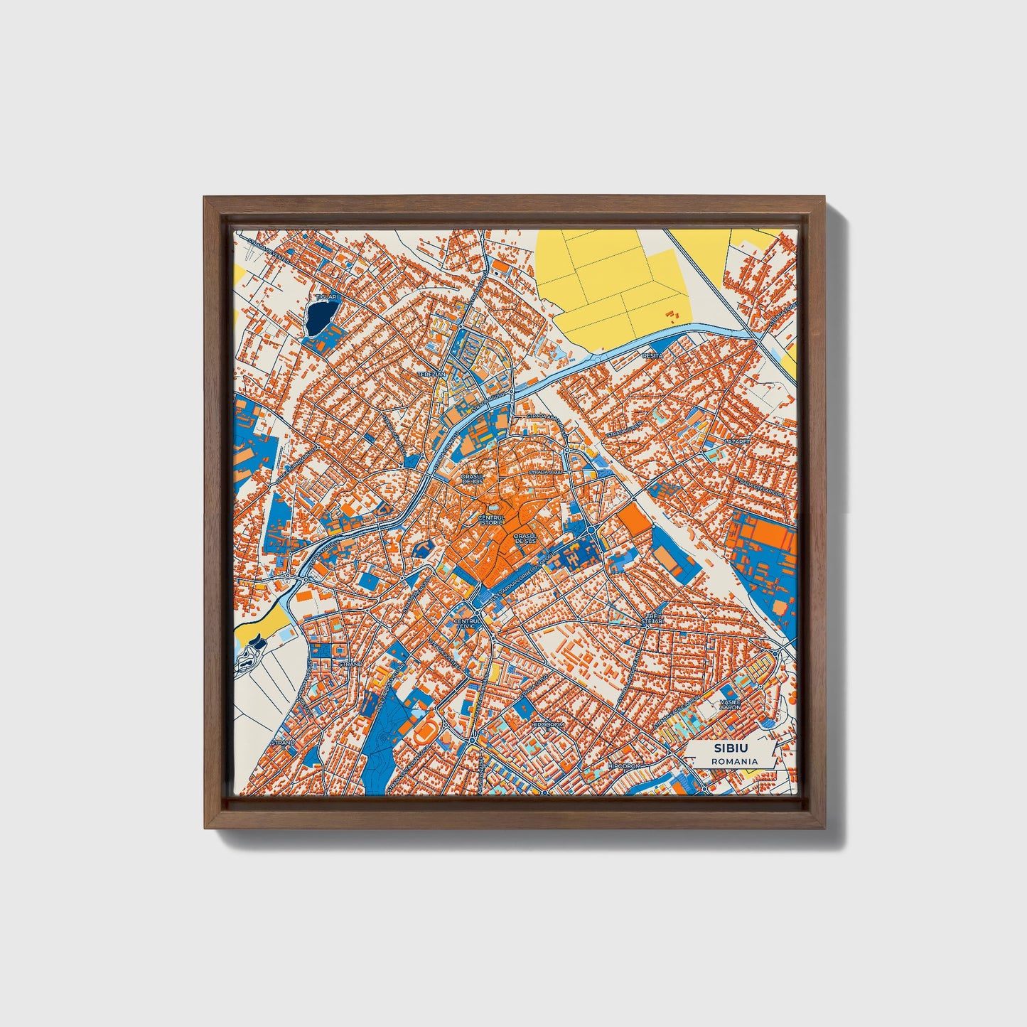 Sibiu Romania Colorful City Map Canvas Print • Dark Wooden Framed