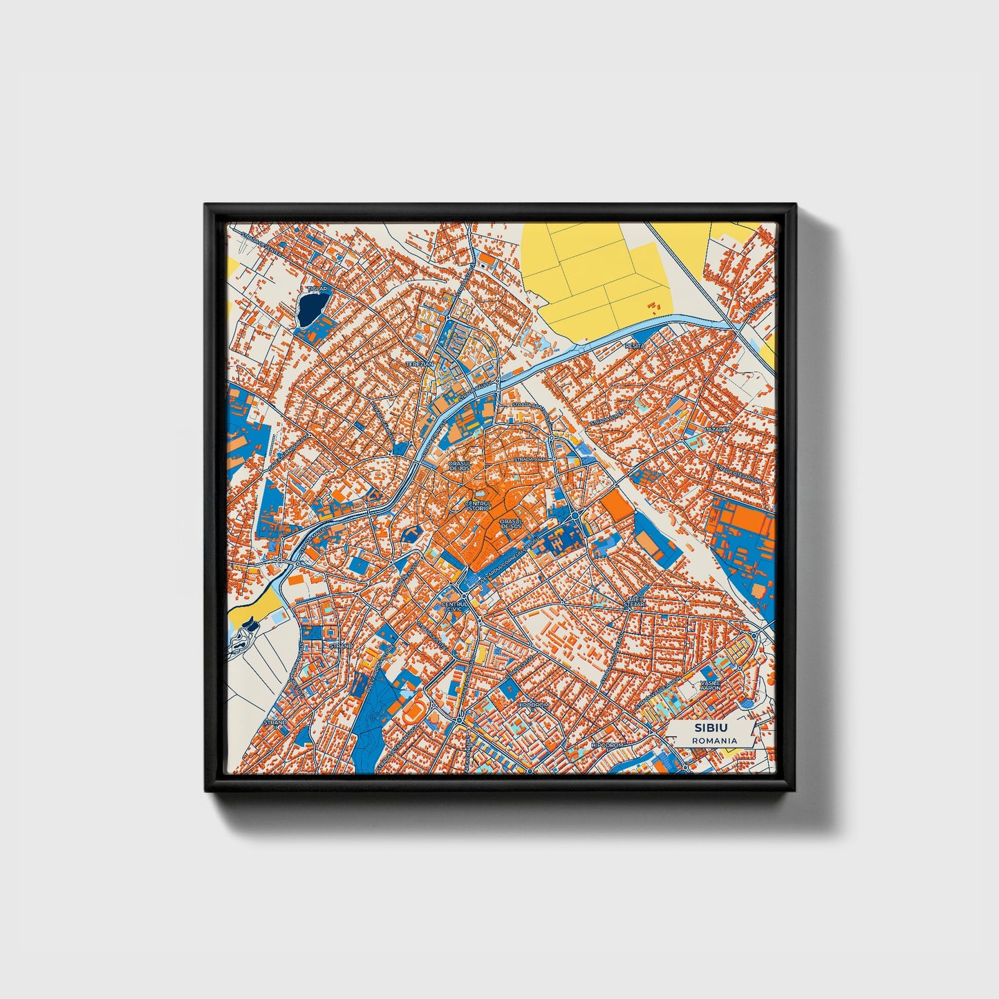 Sibiu Romania Colorful City Map Canvas Print • Black Framed