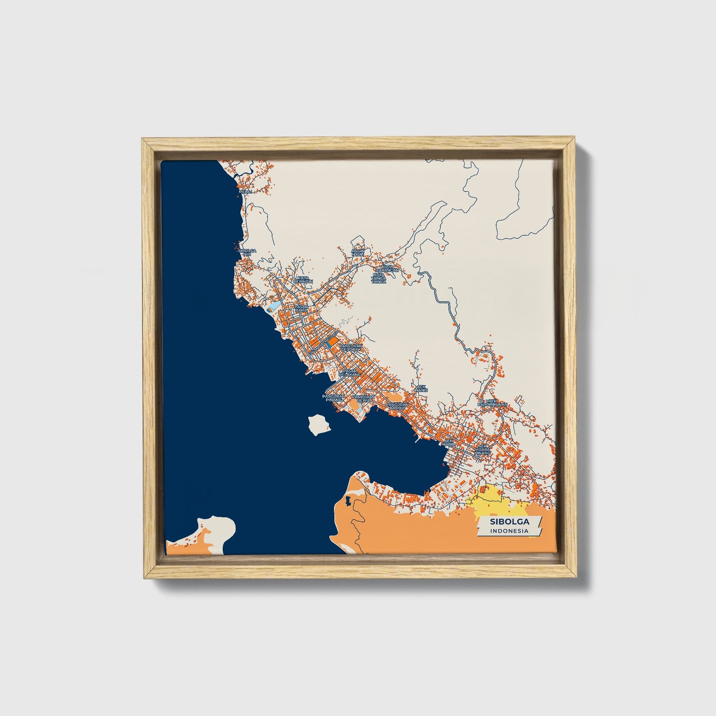 Sibolga Indonesia Colorful City Map Canvas Print • Natural Wooden Framed