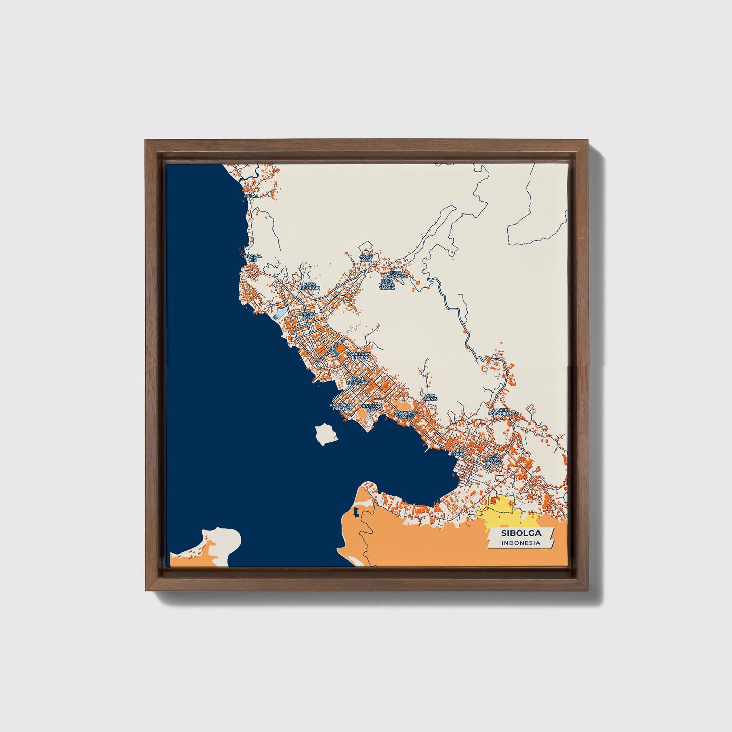 Sibolga Indonesia Colorful City Map Canvas Print • Dark Wooden Framed