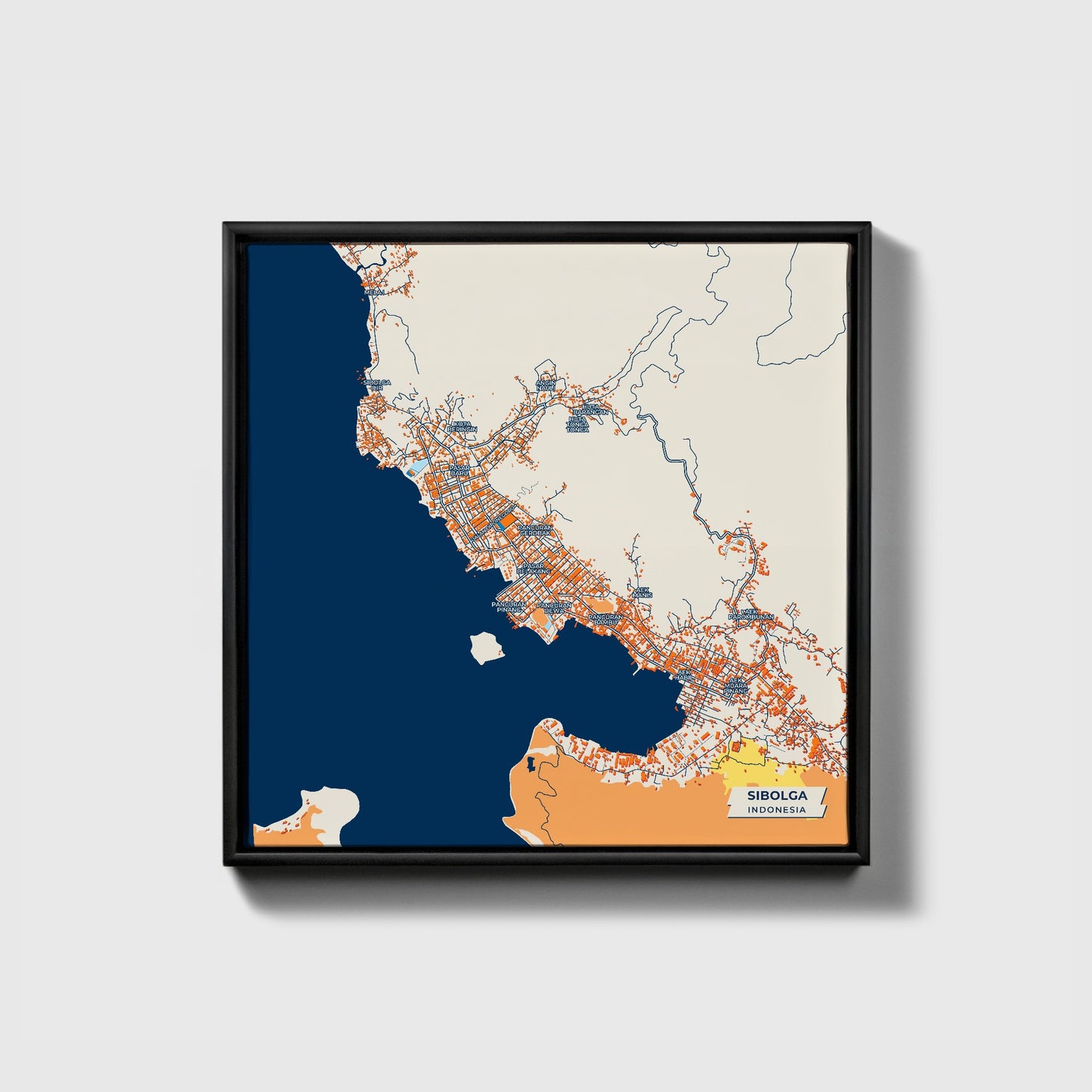 Sibolga Indonesia Colorful City Map Canvas Print • Black Framed