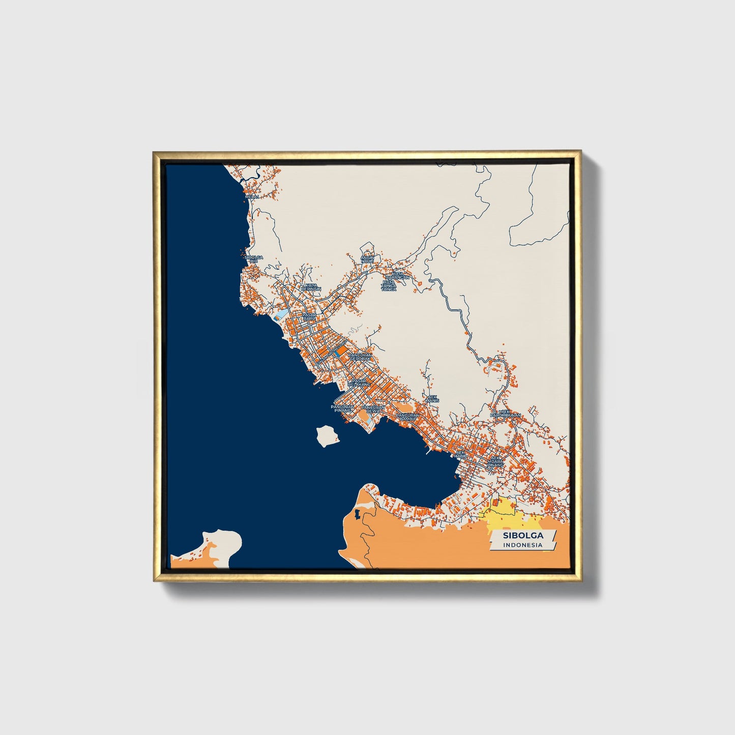 Sibolga Indonesia Colorful City Map Canvas Print • Gold Framed