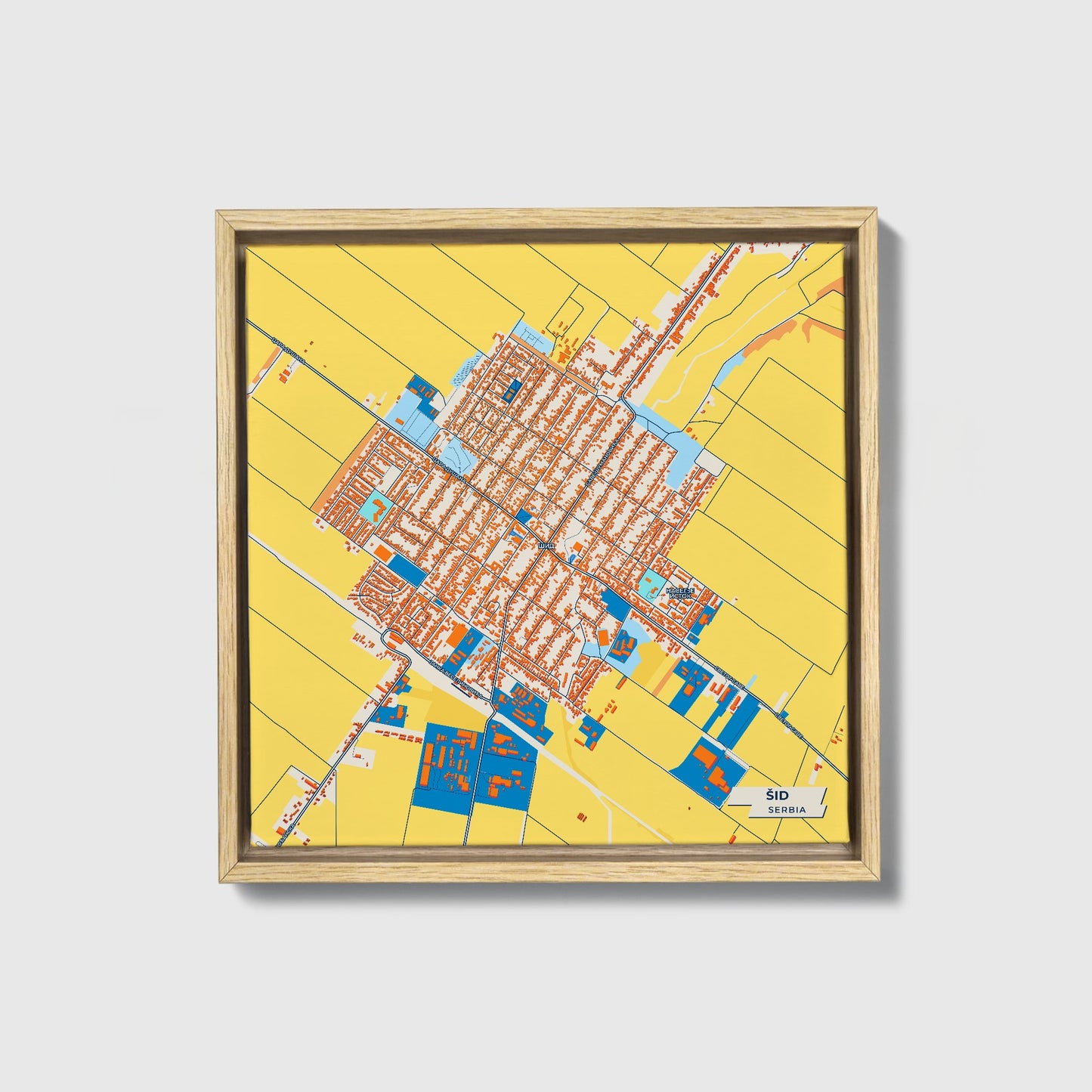 Шид Serbia Colorful City Map Canvas Print • Natural Wooden Framed