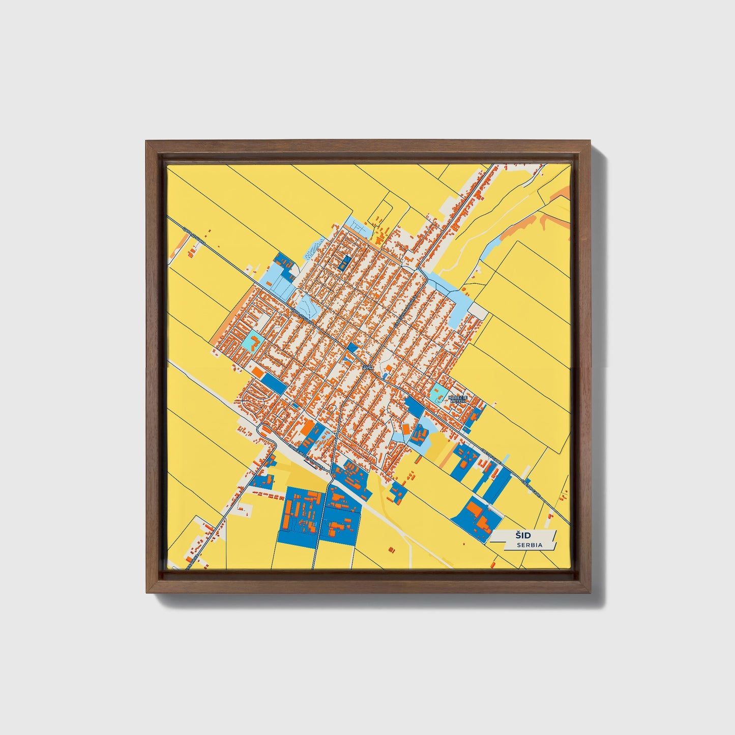 Шид Serbia Colorful City Map Canvas Print • Dark Wooden Framed