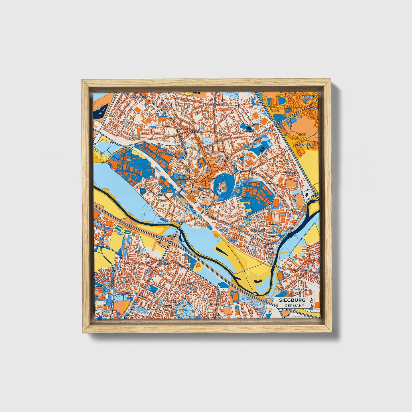 Siegburg Germany Colorful City Map Canvas Print • Natural Wooden Framed