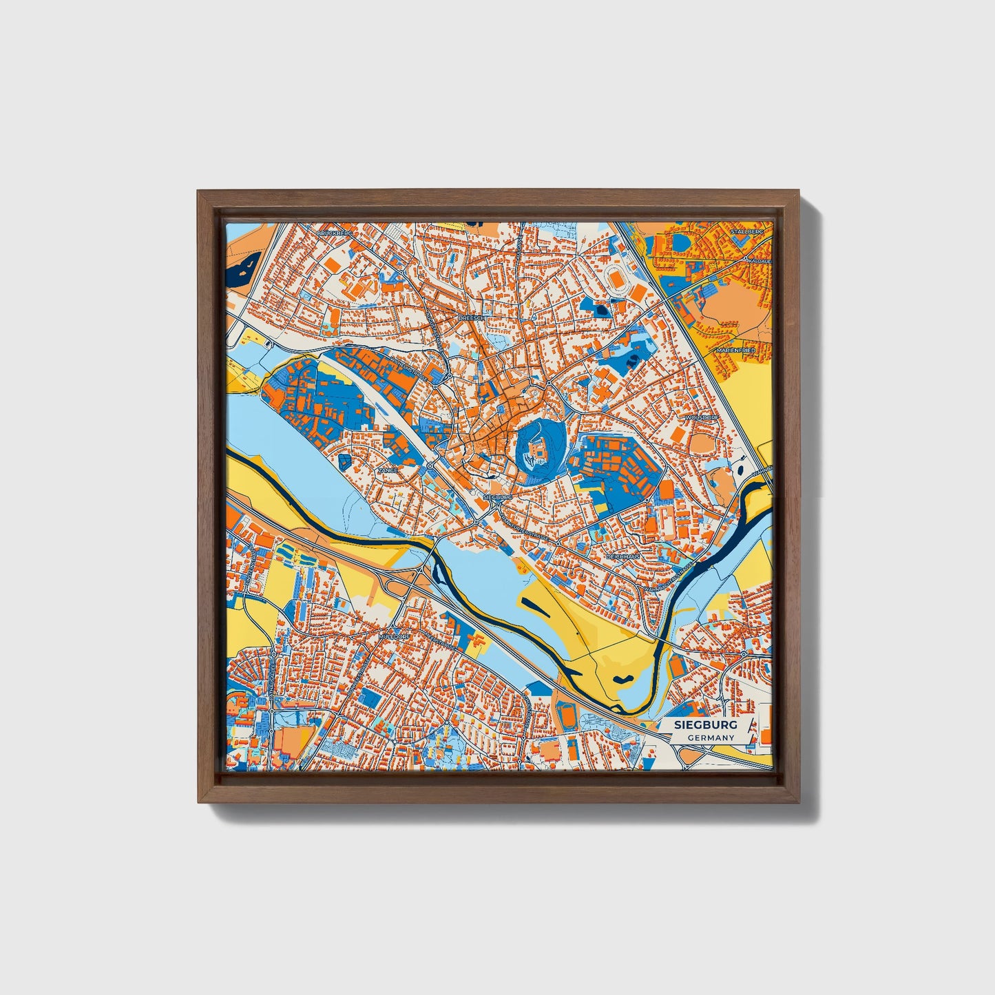 Siegburg Germany Colorful City Map Canvas Print • Dark Wooden Framed