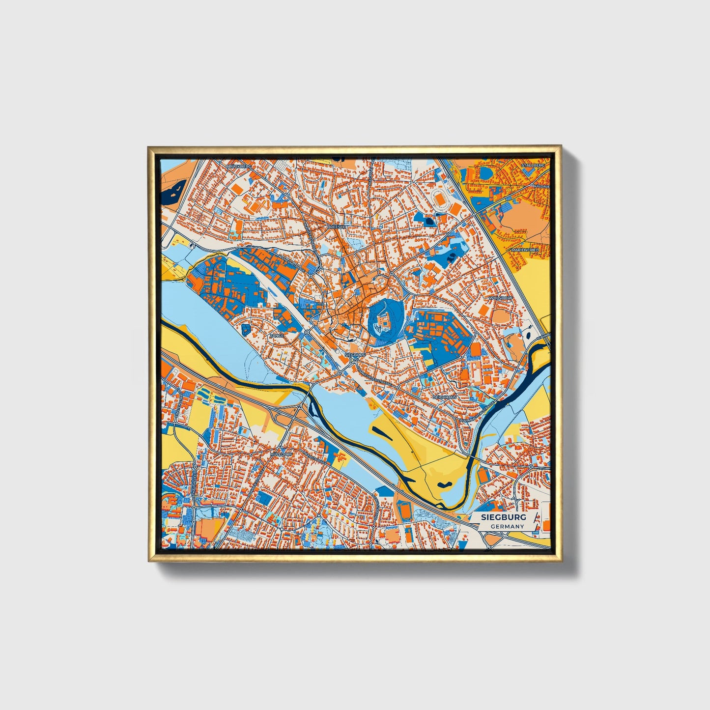 Siegburg Germany Colorful City Map Canvas Print • Gold Framed