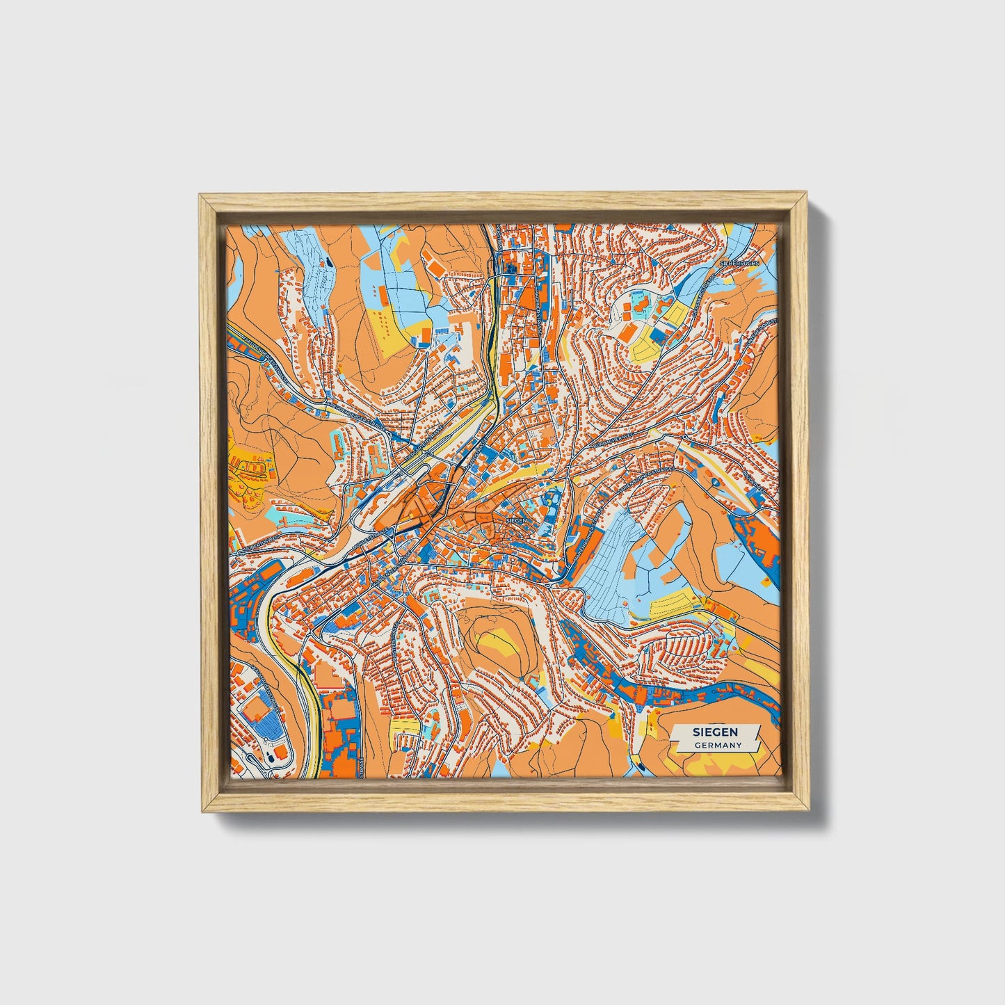 Siegen Germany Colorful City Map Canvas Print • Natural Wooden Framed