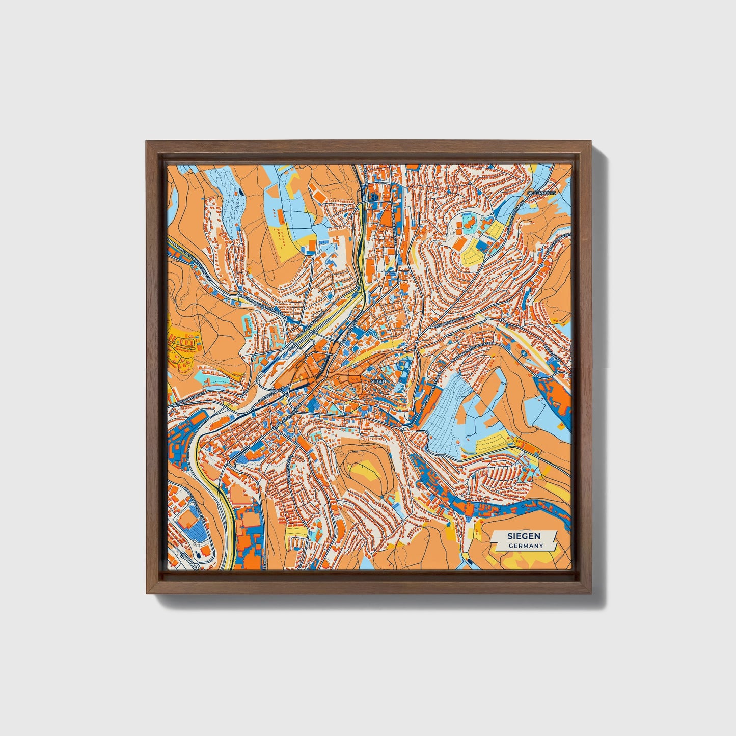 Siegen Germany Colorful City Map Canvas Print • Dark Wooden Framed