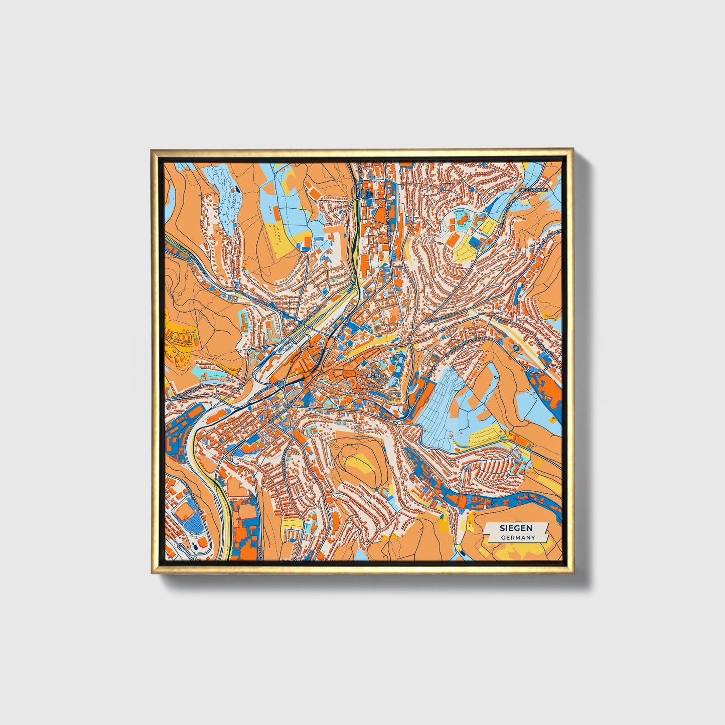 Siegen Germany Colorful City Map Canvas Print • Gold Framed