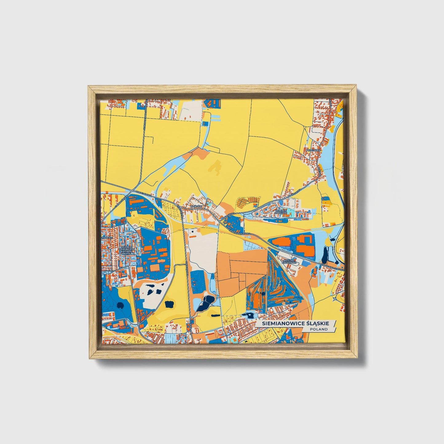 Siemianowice Śląskie Poland Colorful City Map Canvas Print • Natural Wooden Framed