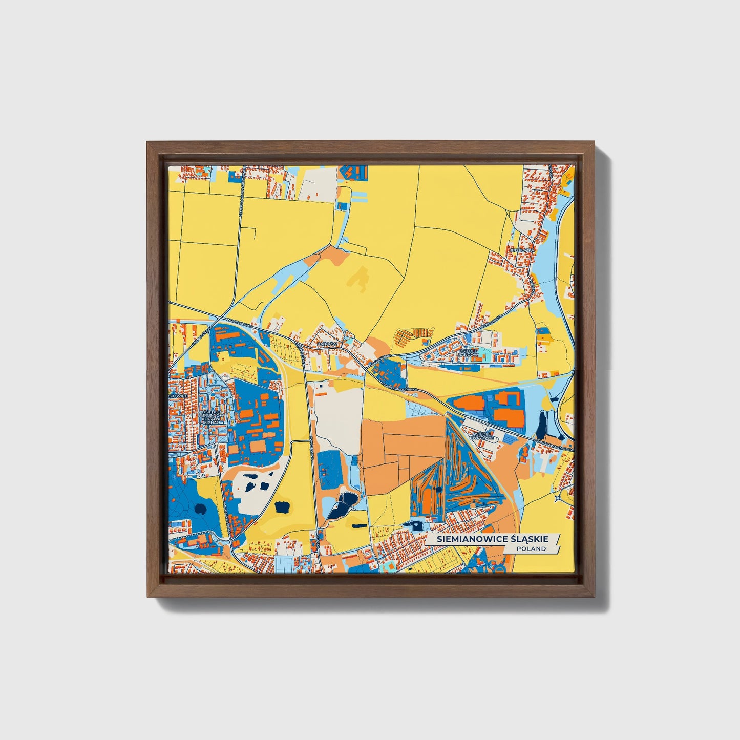 Siemianowice Śląskie Poland Colorful City Map Canvas Print • Dark Wooden Framed