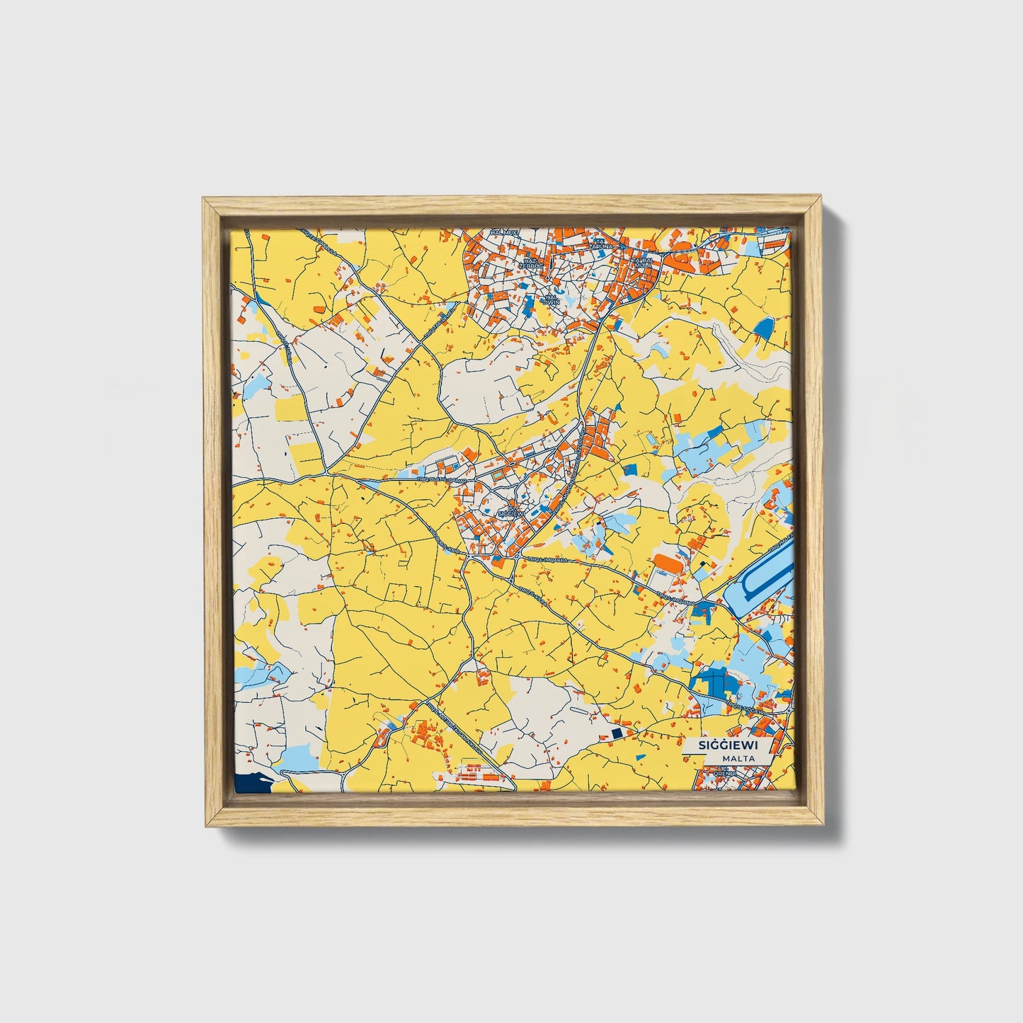 Siġġiewi Malta Colorful City Map Canvas Print • Natural Wooden Framed
