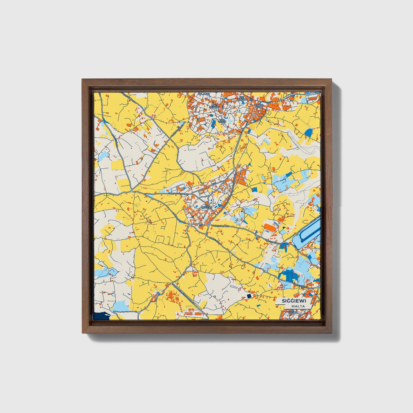Siġġiewi Malta Colorful City Map Canvas Print • Dark Wooden Framed