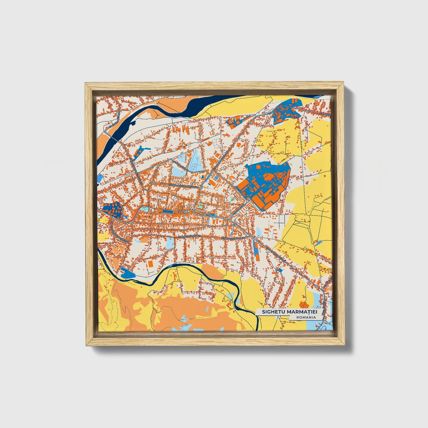 Sighetu Marmației Romania Colorful City Map Canvas Print • Natural Wooden Framed