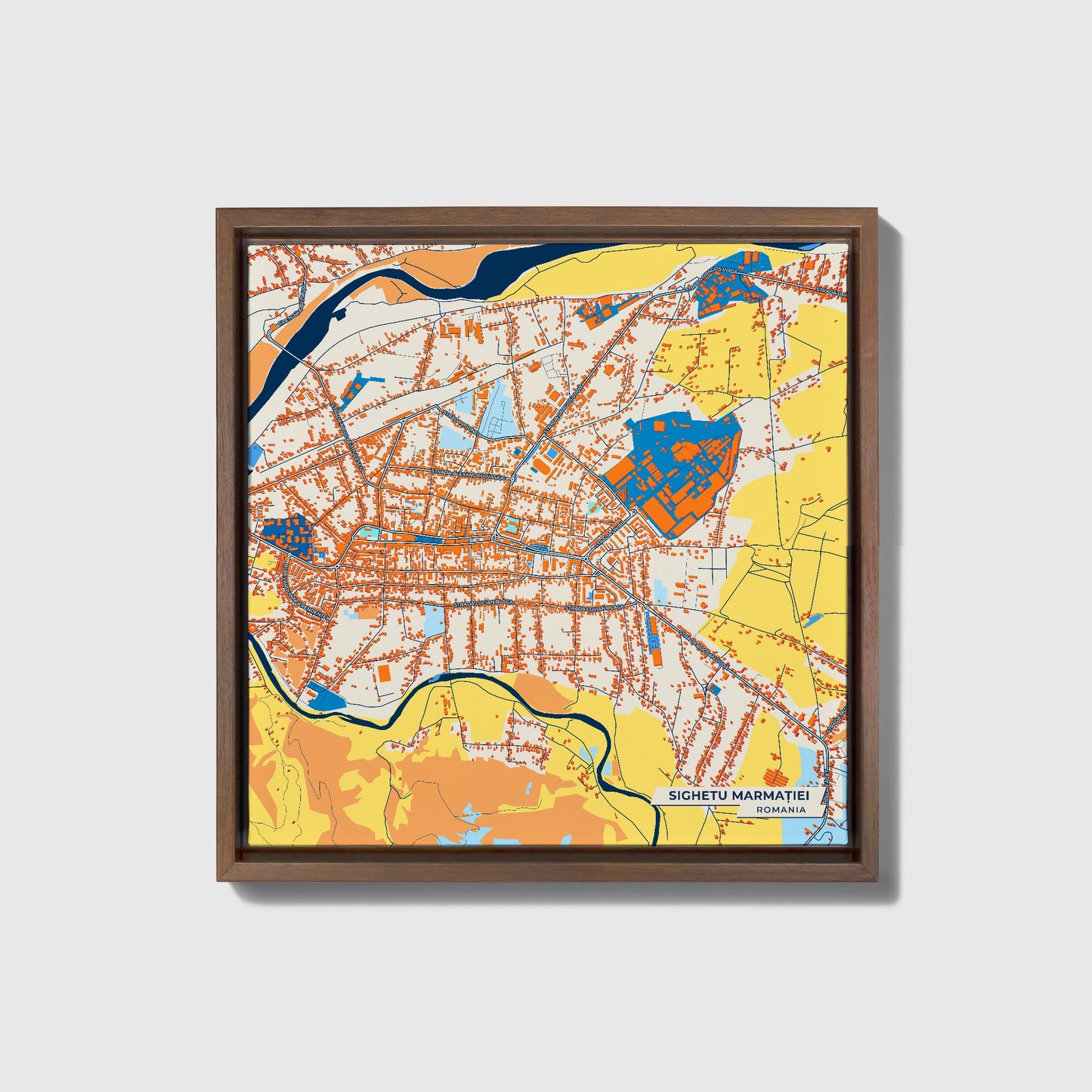 Sighetu Marmației Romania Colorful City Map Canvas Print • Dark Wooden Framed