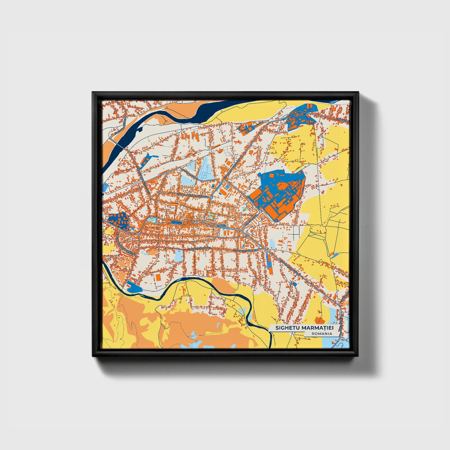 Sighetu Marmației Romania Colorful City Map Canvas Print • Black Framed