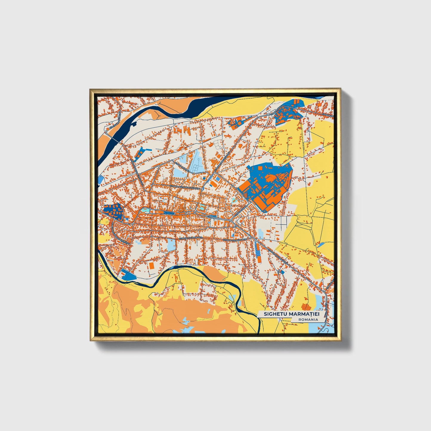 Sighetu Marmației Romania Colorful City Map Canvas Print • Gold Framed