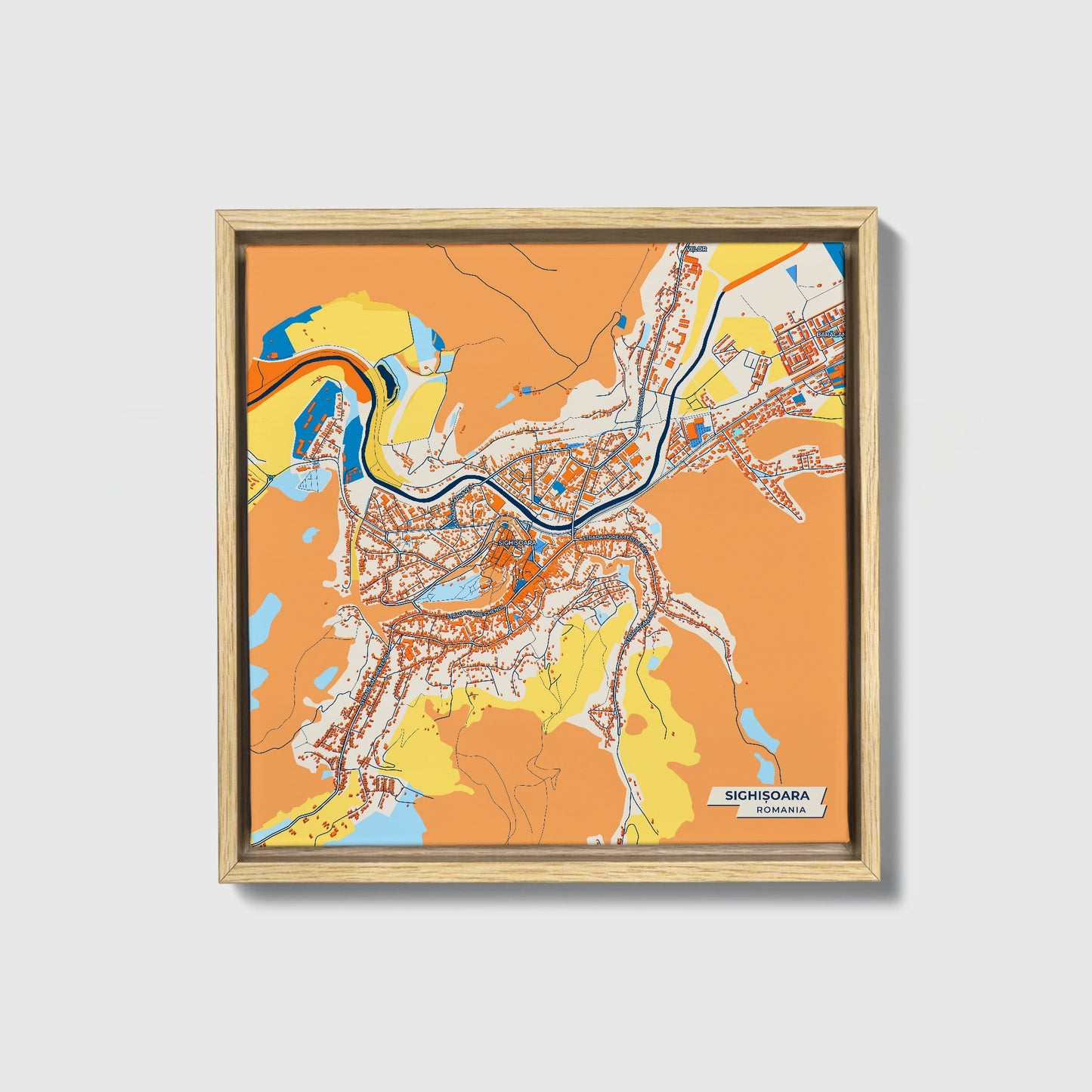 Sighișoara Romania Colorful City Map Canvas Print • Natural Wooden Framed