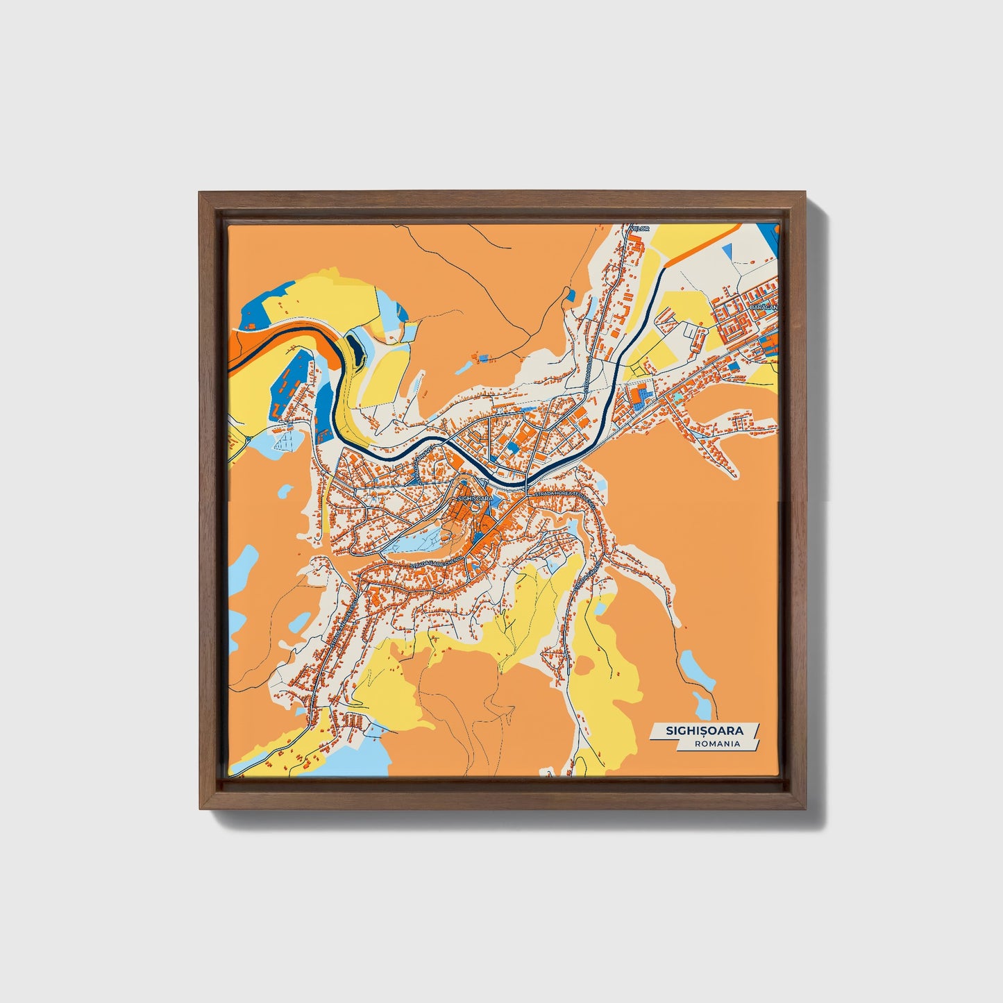 Sighișoara Romania Colorful City Map Canvas Print • Dark Wooden Framed