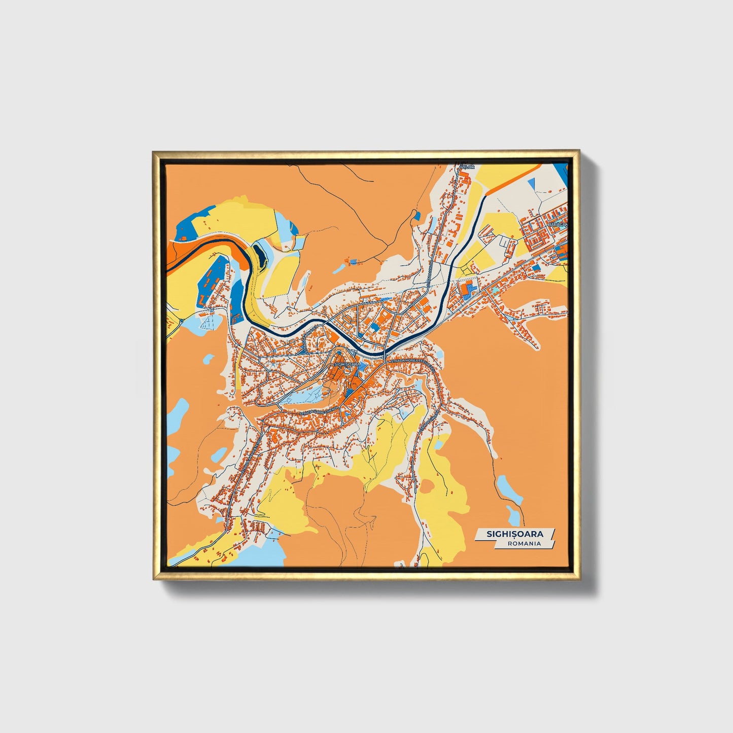 Sighișoara Romania Colorful City Map Canvas Print • Gold Framed