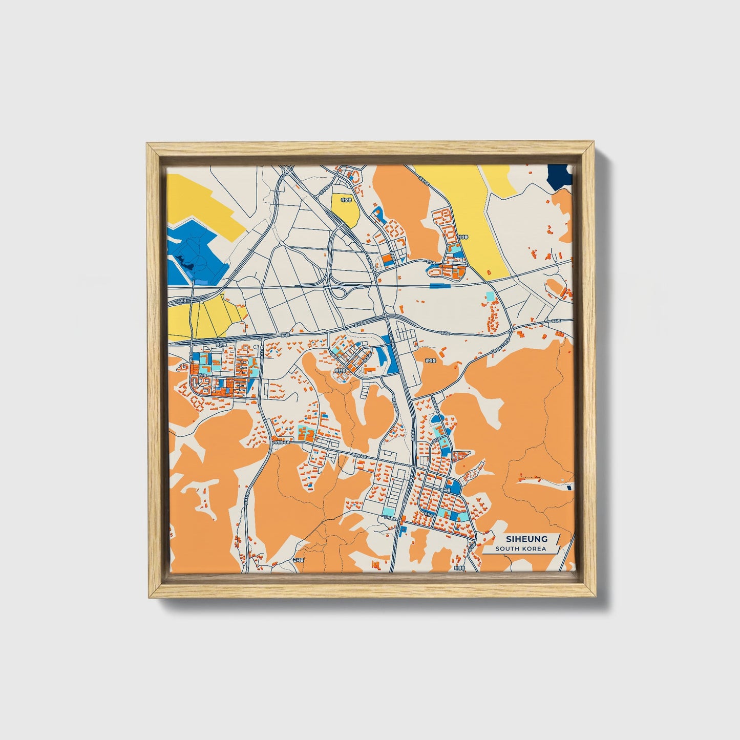 Siheung South Korea Colorful City Map Canvas Print • Natural Wooden Framed