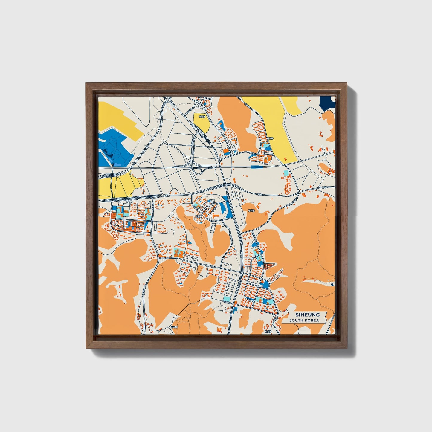 Siheung South Korea Colorful City Map Canvas Print • Dark Wooden Framed