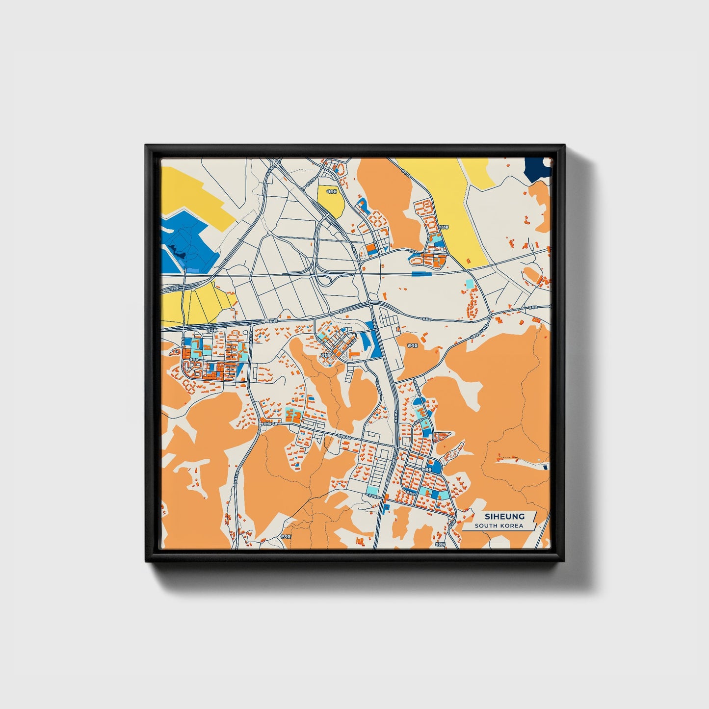 Siheung South Korea Colorful City Map Canvas Print • Black Framed