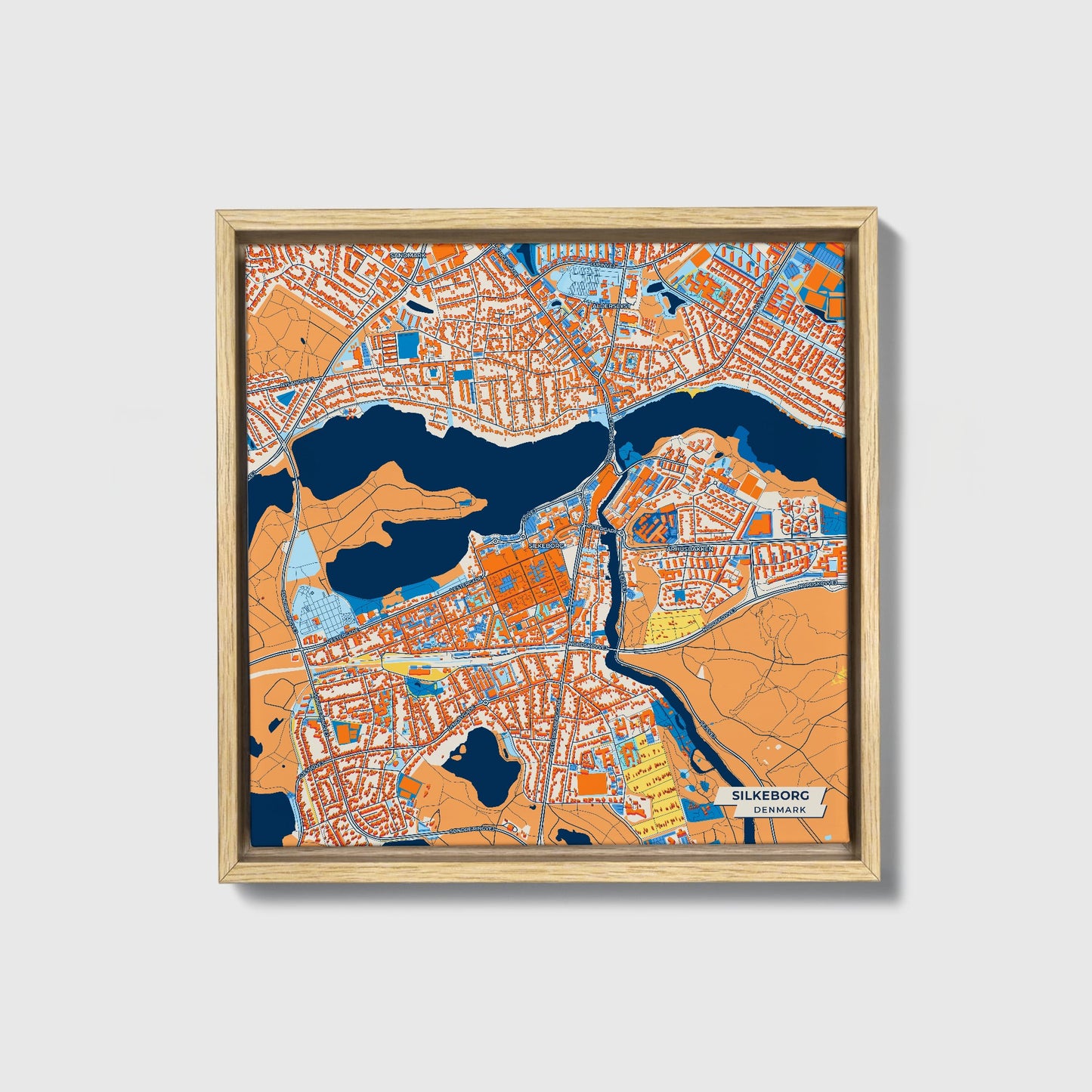 Silkeborg Denmark Colorful City Map Canvas Print • Natural Wooden Framed