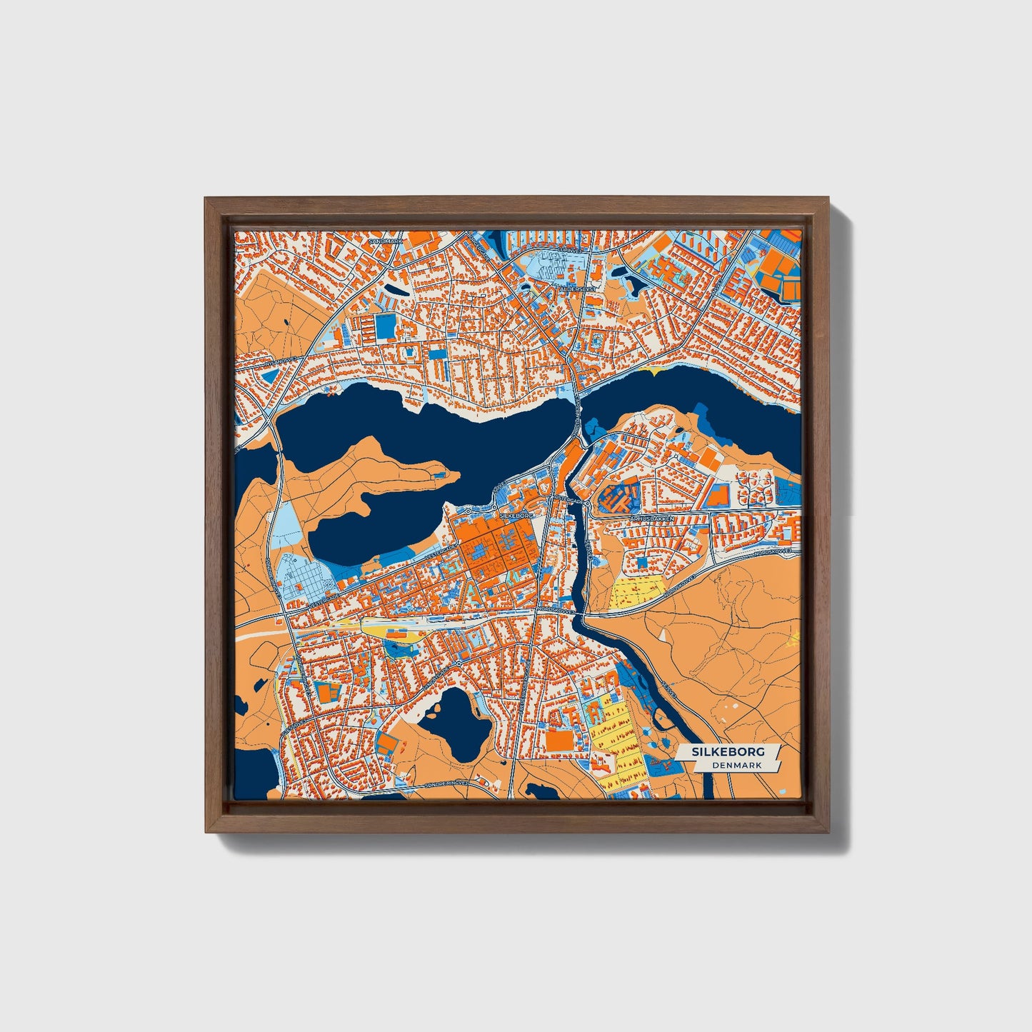 Silkeborg Denmark Colorful City Map Canvas Print • Dark Wooden Framed