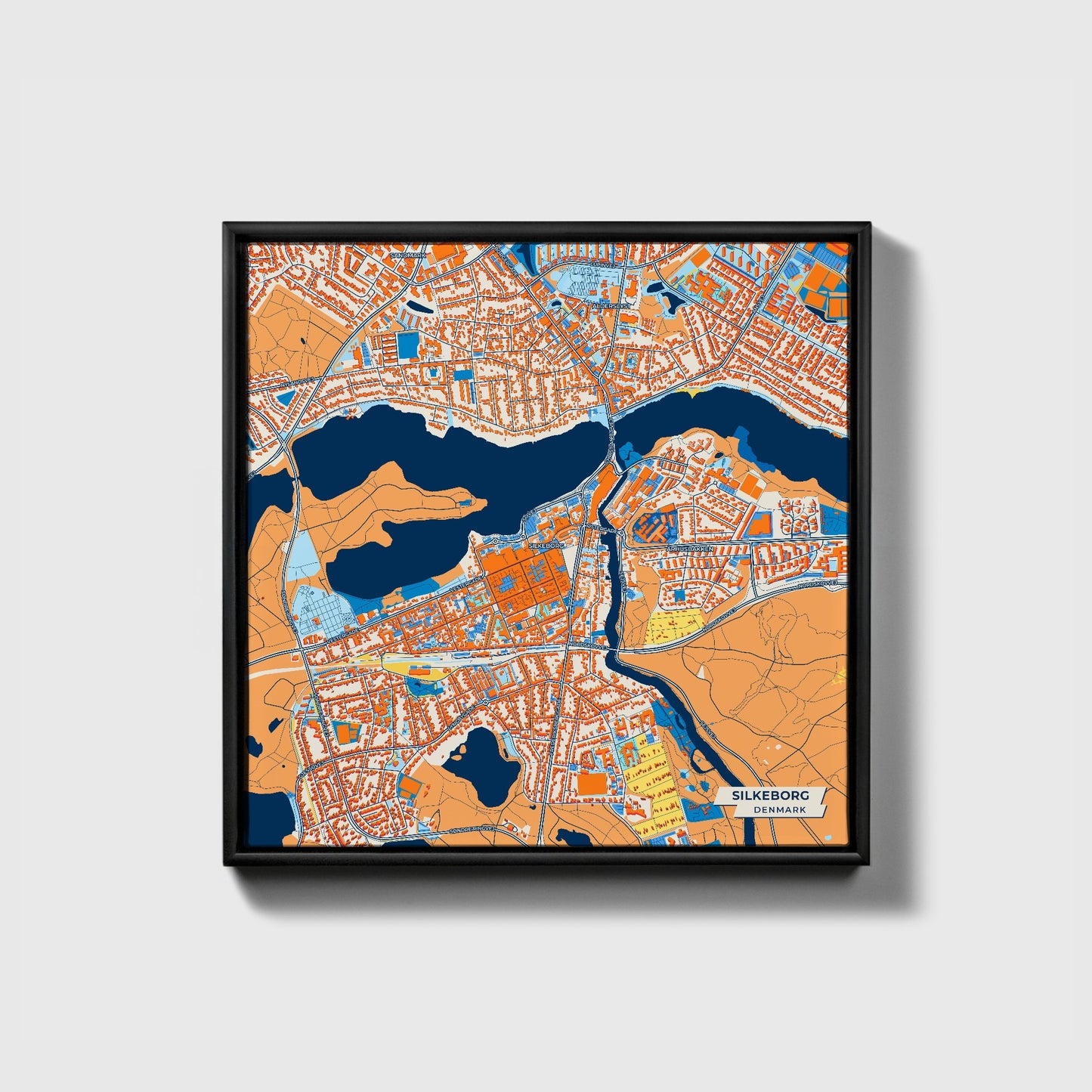 Silkeborg Denmark Colorful City Map Canvas Print • Black Framed