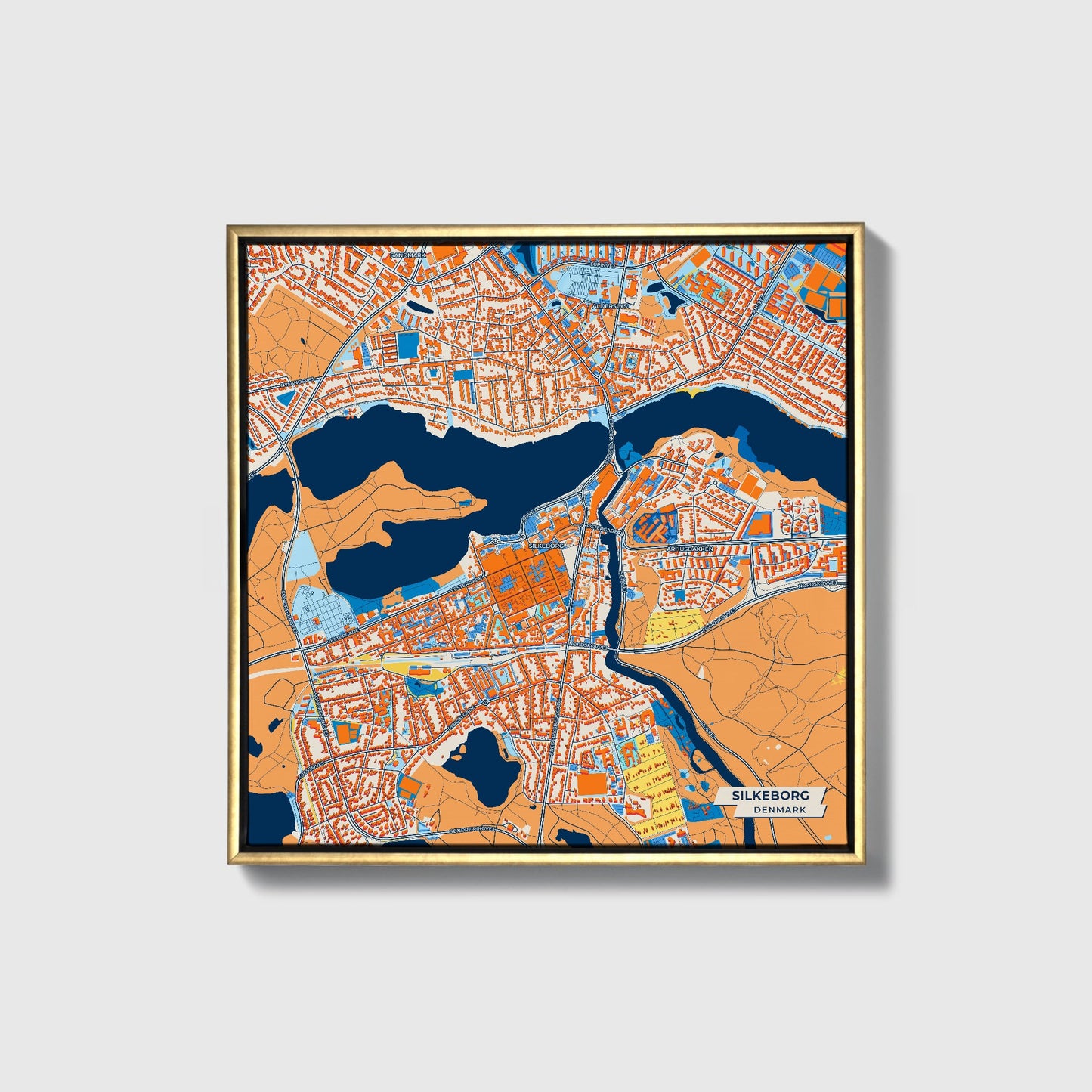 Silkeborg Denmark Colorful City Map Canvas Print • Gold Framed