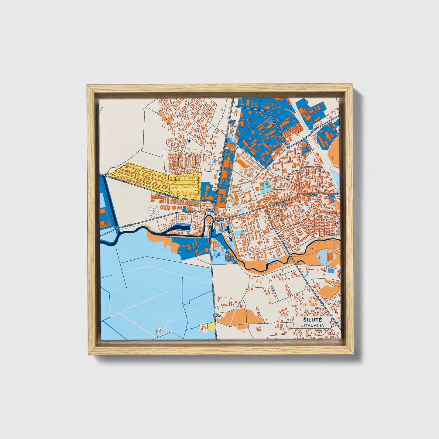 Šilutė Lithuania Colorful City Map Canvas Print • Natural Wooden Framed
