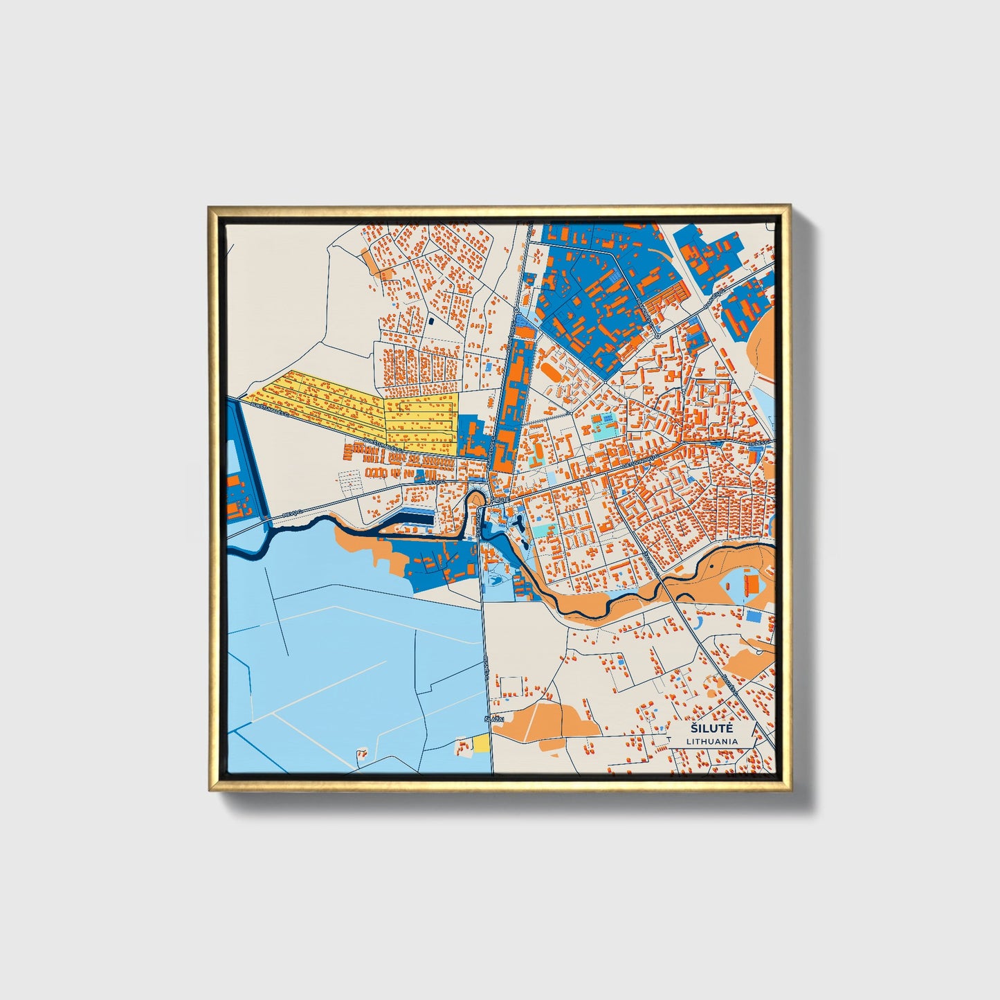 Šilutė Lithuania Colorful City Map Canvas Print • Gold Framed
