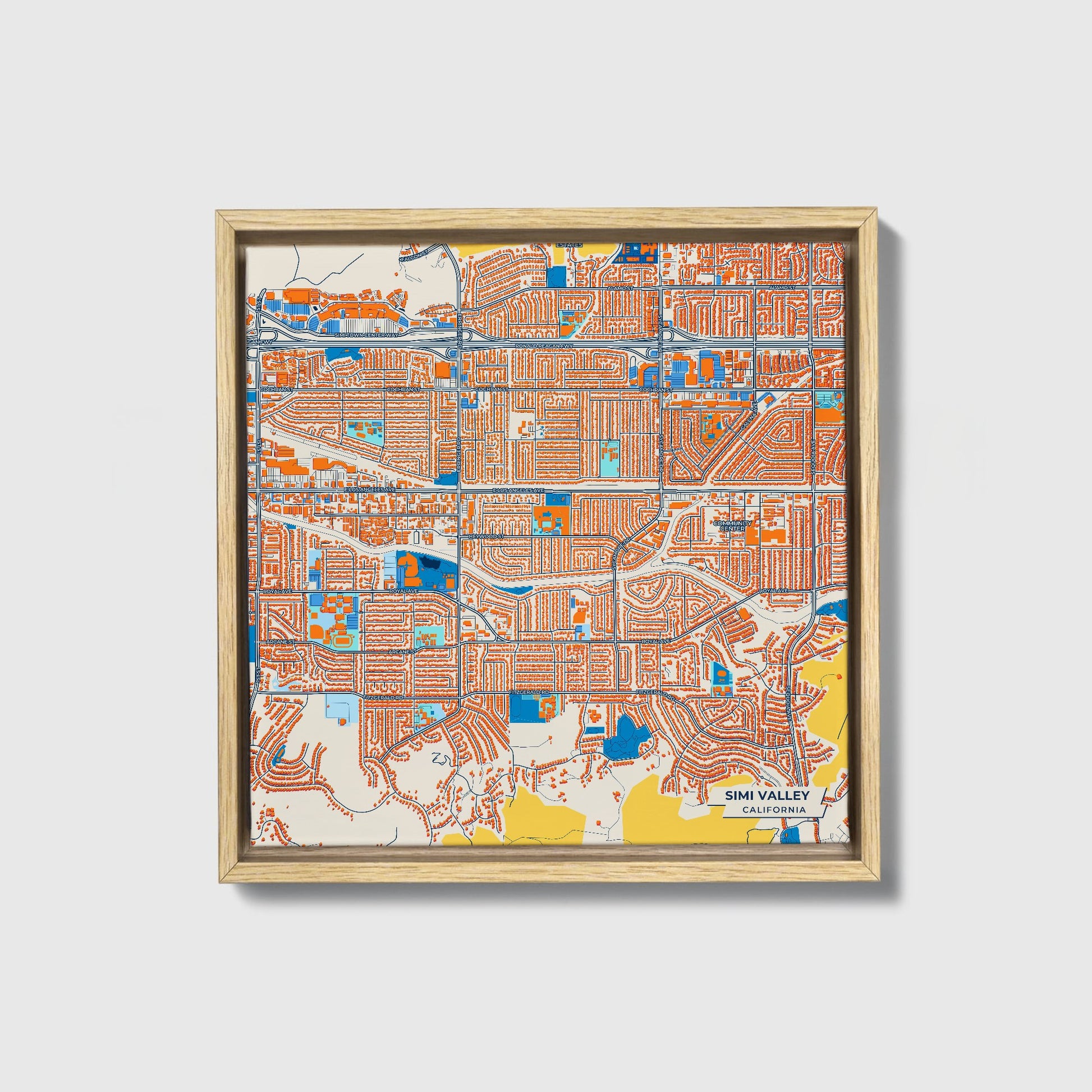 Simi Valley California Colorful City Map Canvas Print • Natural Wooden Framed